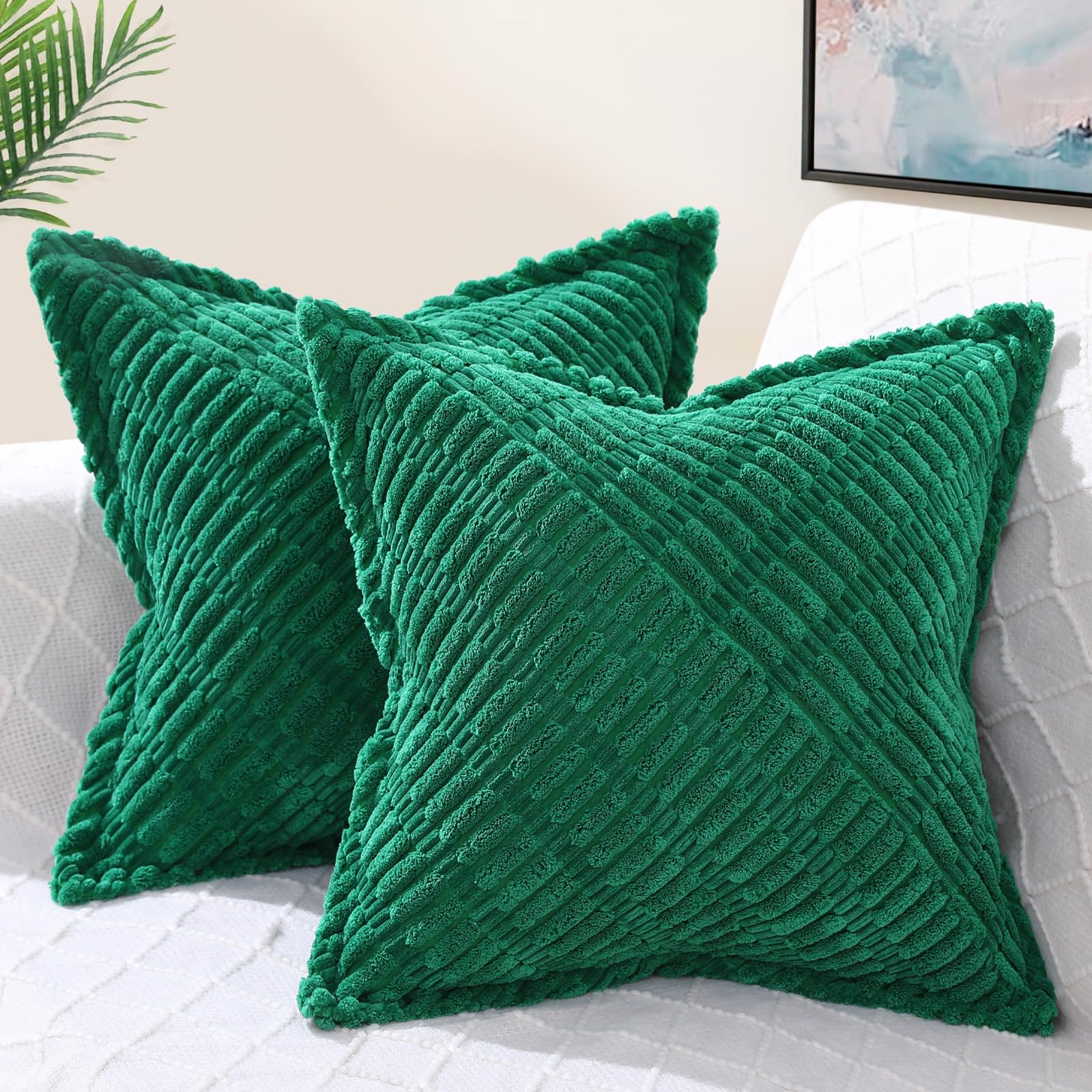 Decoruhome Christmas Decorative Green Throw Pillow Covers 18X18 Set Of 2 With Splicing, Boho Lumbar Soft Corduroy Broadside Twil