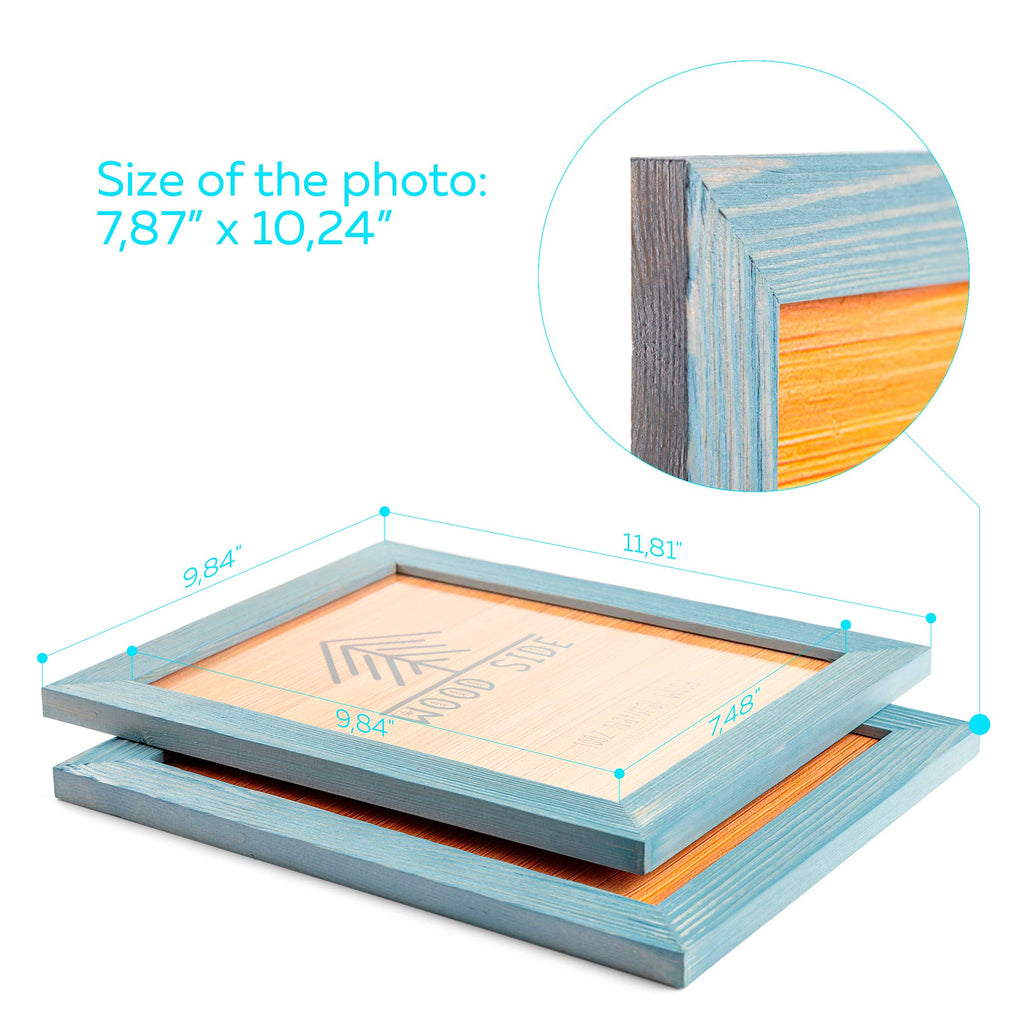 Rustic Wooden Picture Frame 8X10 - Blue Turquoise Set Of 2 - Natural Eco Solid Wood And High Definition Real Glass For Wall Moun