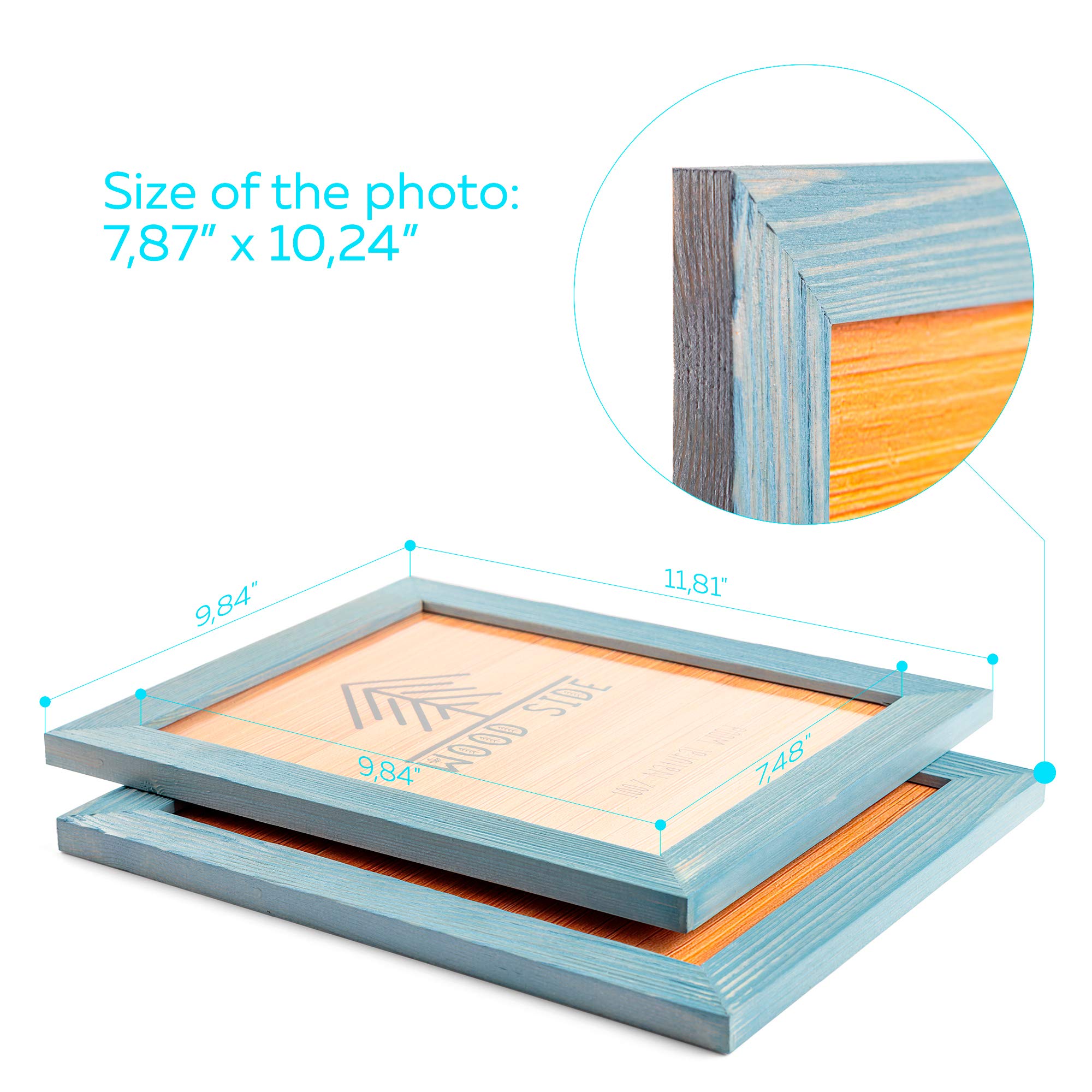 Rustic Wooden Picture Frame 8X10 - Blue Turquoise Set Of 2 - Natural Eco Solid Wood And High Definition Real Glass For Wall Moun