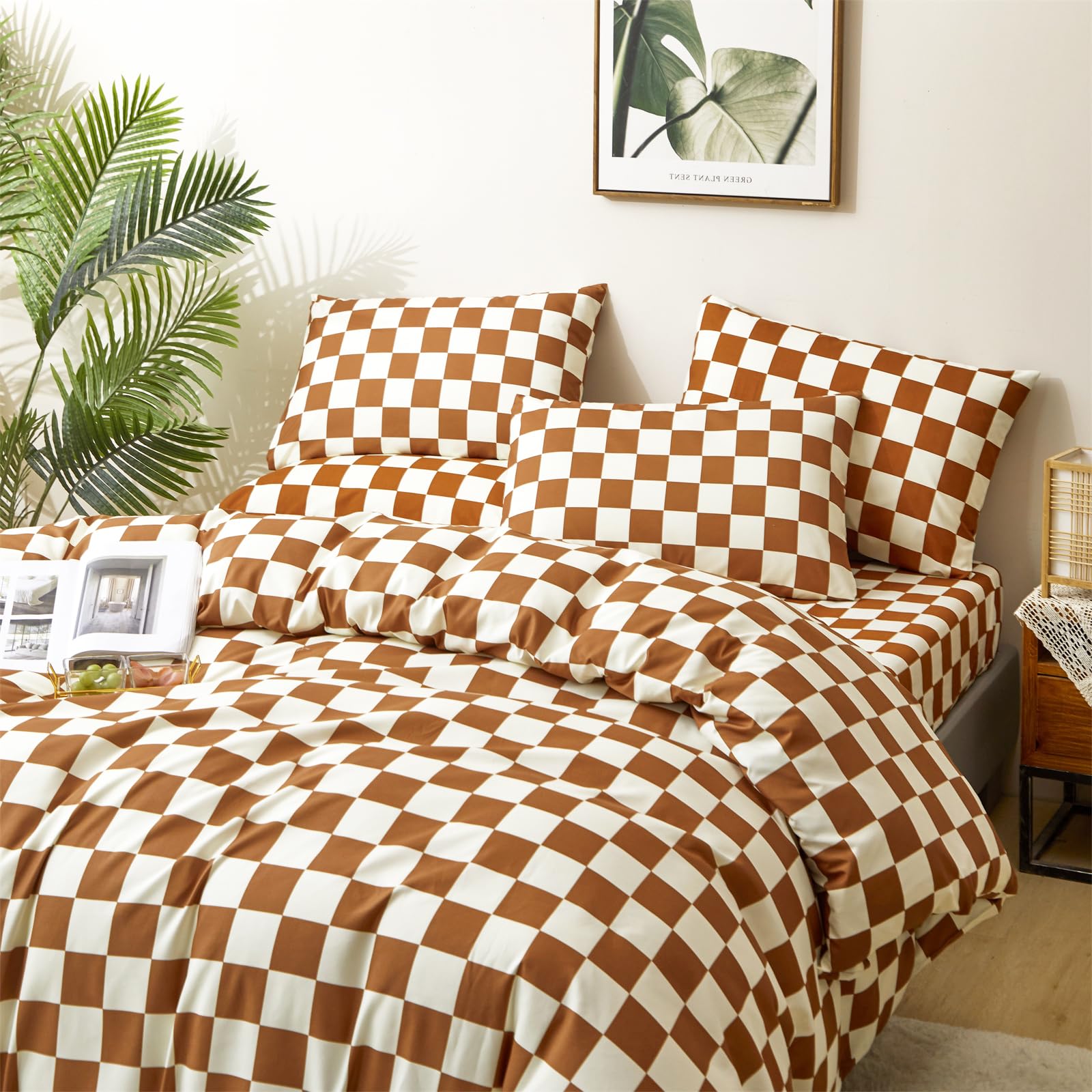 Clothknow Brown Beige Grid Comforter Set California King 3Pcs Pumpkin Plaid Bedding Comforter Sets Checker Comforter Soft Carame