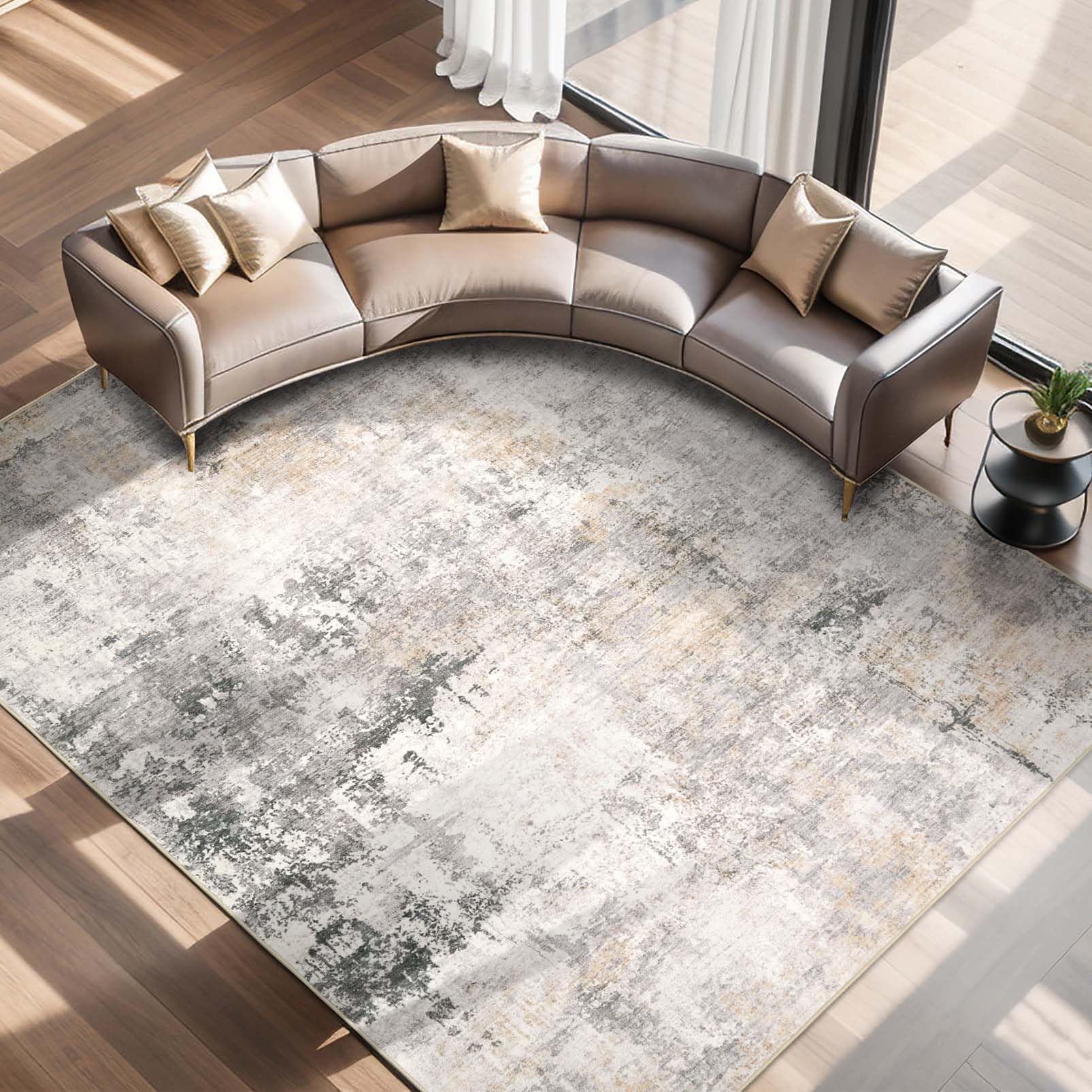 Modern Abstract Washable Area Rug - 9x12 Large Living Room Rugs Soft Stain Resistant Non-Slip Low Pile Foldable Neutral Carpet f