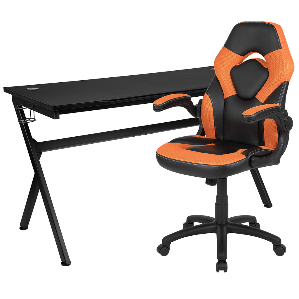 Flash Furniture Gaming Desk And Orange/Black Racing Chair Set /Cup Holder/Headphone Hook/Removable Mouse Pad Top - 2 Wire Management Holes