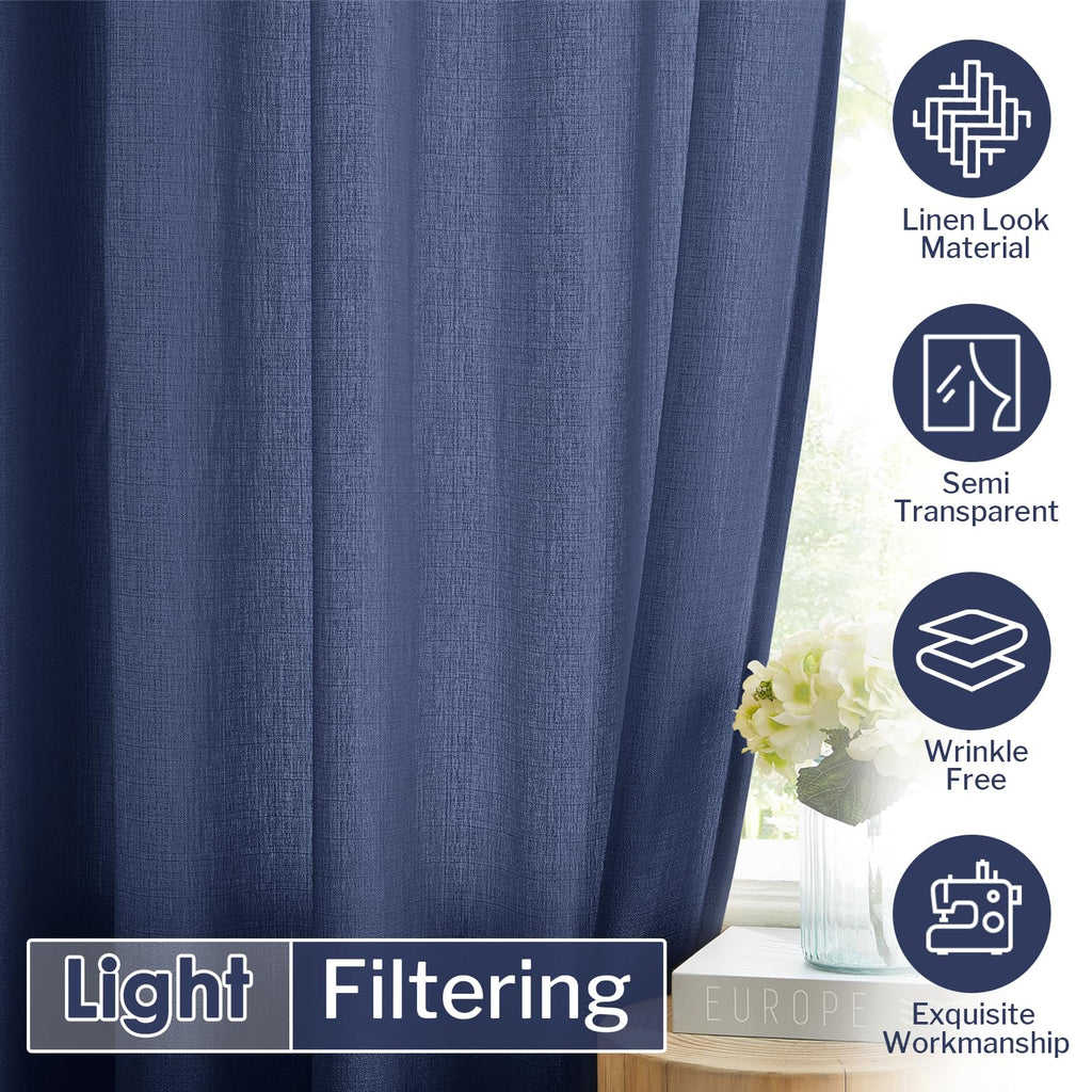 Melodieux Navy Semi Sheer Curtains 45 Inch Length For Bedroom Kitchen Small Windows, Linen Look Rod Pocket Privacy Sheer Drapes,