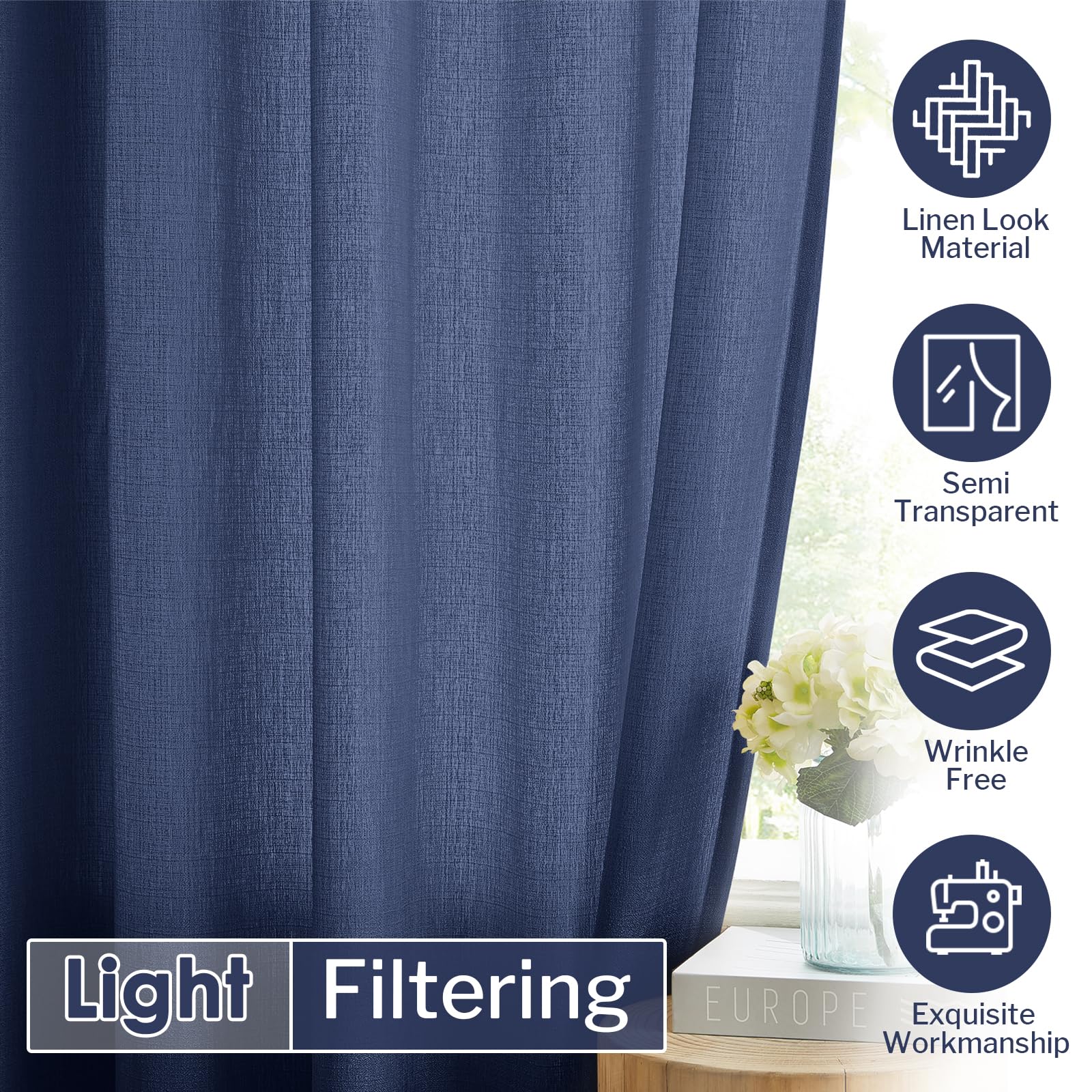 Melodieux Navy Semi Sheer Curtains 45 Inch Length For Bedroom Kitchen Small Windows, Linen Look Rod Pocket Privacy Sheer Drapes,