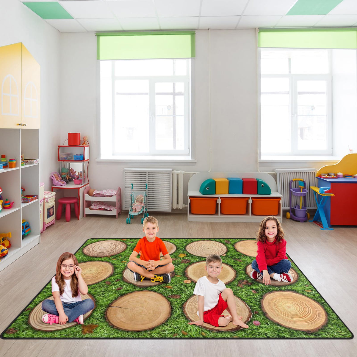 Kids Rug, Classroom Carpets Playmat Rugs - 5X7 Ft Kids Carpet With Rubber Backing, Green Grass Tree Stump Classroom Seating Rug
