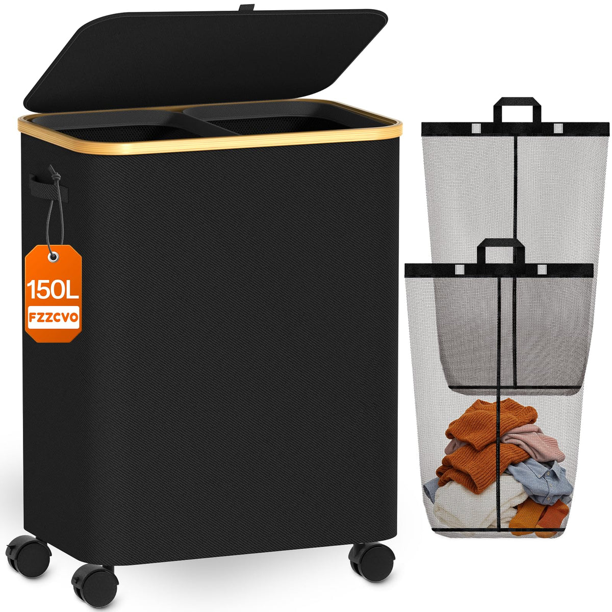 Double Laundry Basket with Wheels and Lid, 150L Clothes Hampers for Laundry