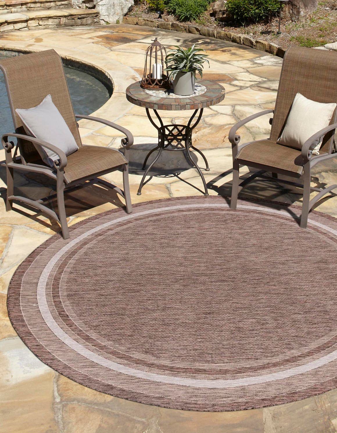 Unique Loom Outdoor Border Collection Area Rug - Soft Border (7 10 Round Brown/Ivory)