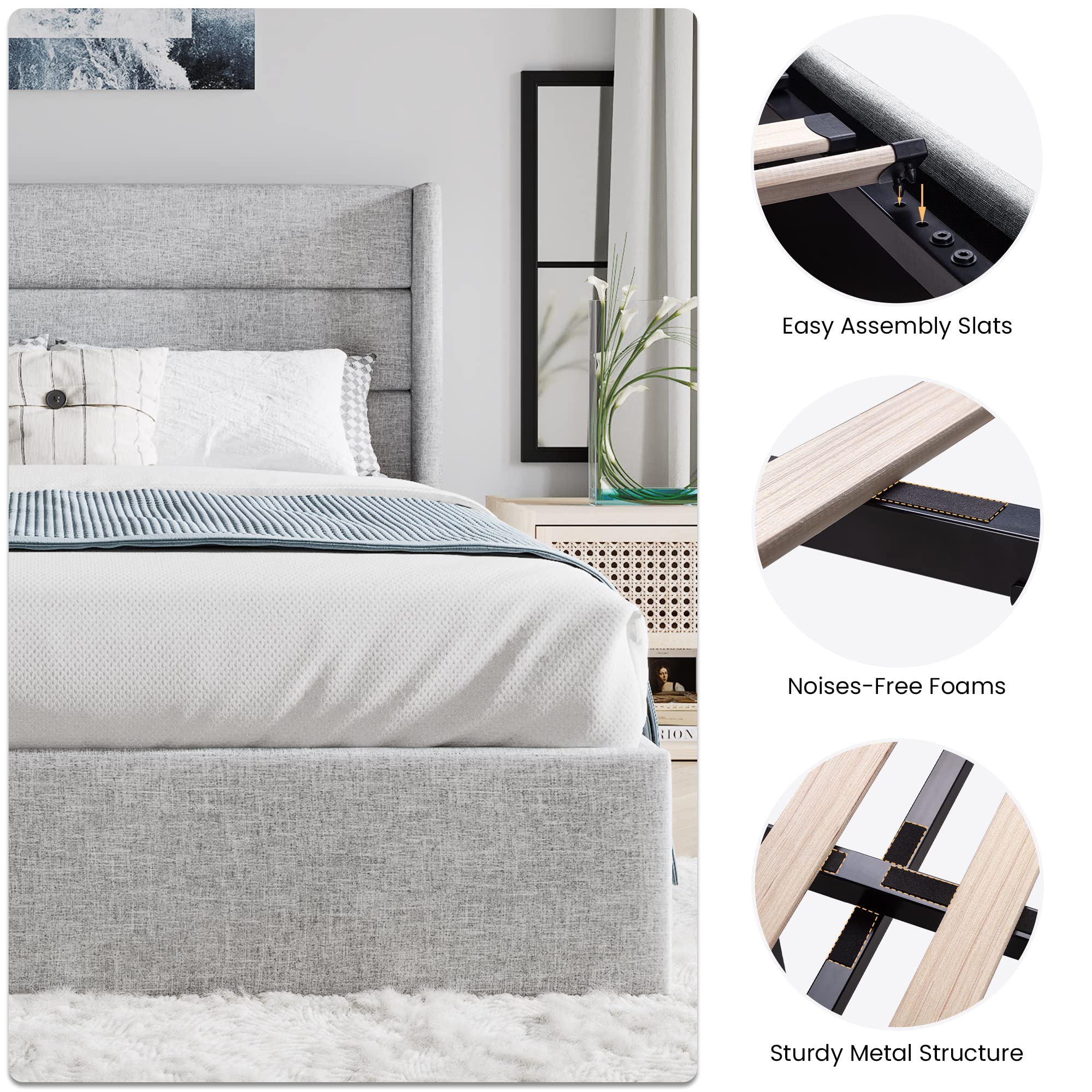 Sha Cerlin Full Size Lift Up Storage Bed/Modern Wingback Headboard/Upholstered Platform Bed Frame/Hydraulic Storage/No Box Spring Needed/Wood Slats Support/Light Grey