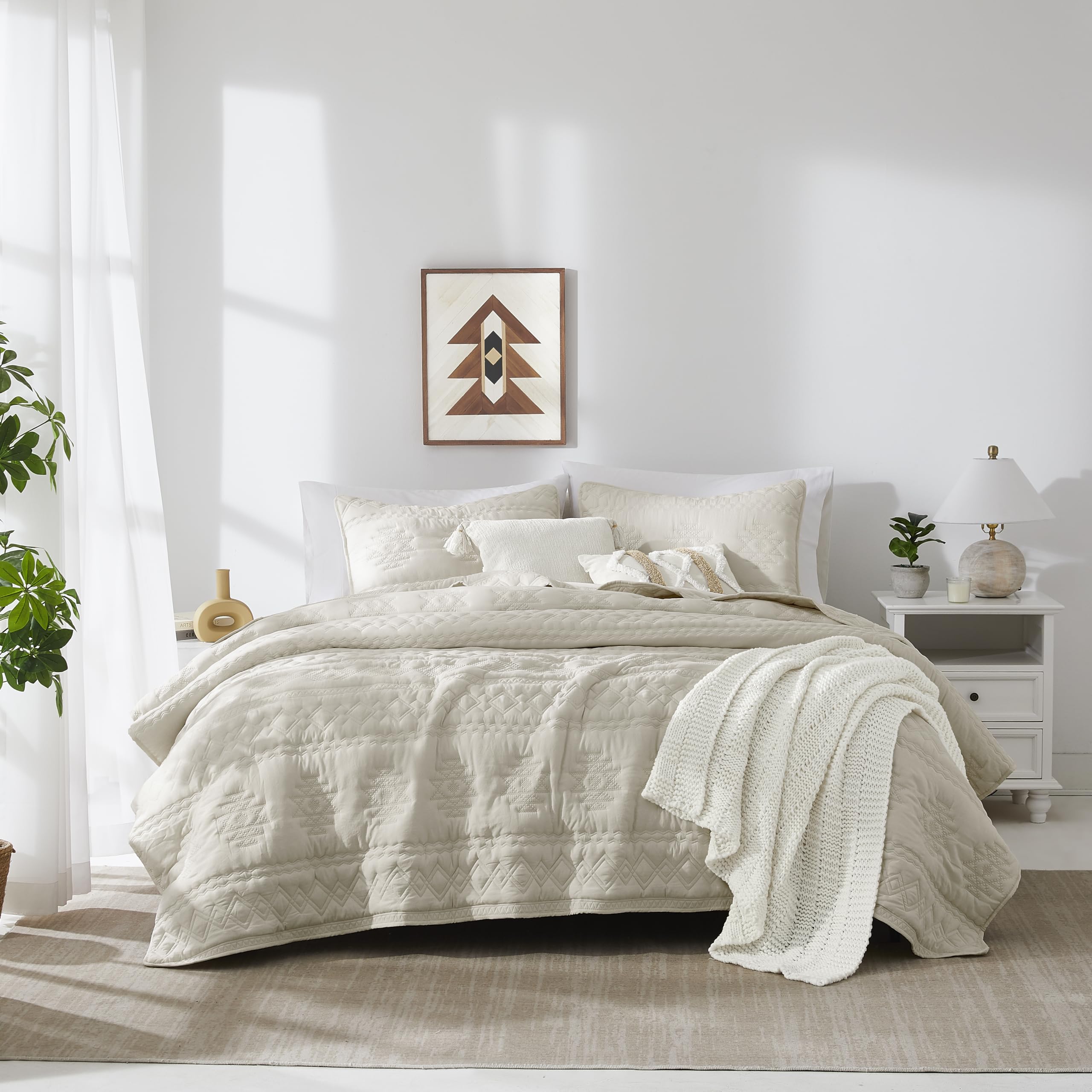 Wdcozy Beige Boho Twin Quit Size Bedding Set With 1 Pillow Sham, Farmhouse Lightweight Soft Bedspread Coverlet For All Season, 2