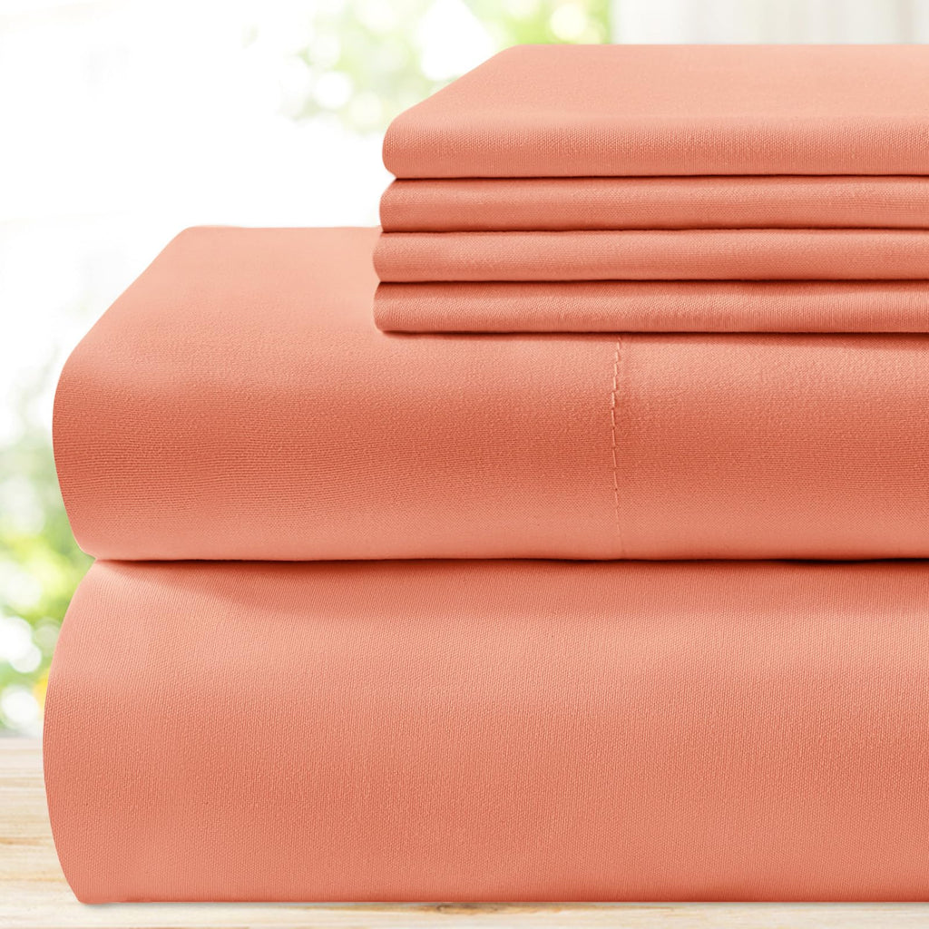Bysure 6 Pieces Bed Sheets Set(Queen, Coral) - Super Soft 1800 Thread Count 100% Microfiber Sheets With Deep Pockets, Wrinkle &