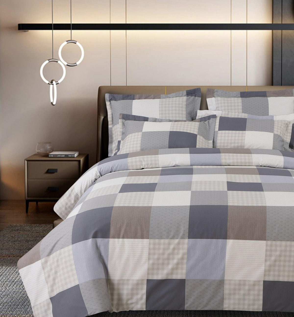 Malako Sion 500 TC 100% Cotton King Size Bedsheet Set  Beige & Blue Checked | 3 Piece with 2 Pillow Covers | 275 x 275 cm | Sof