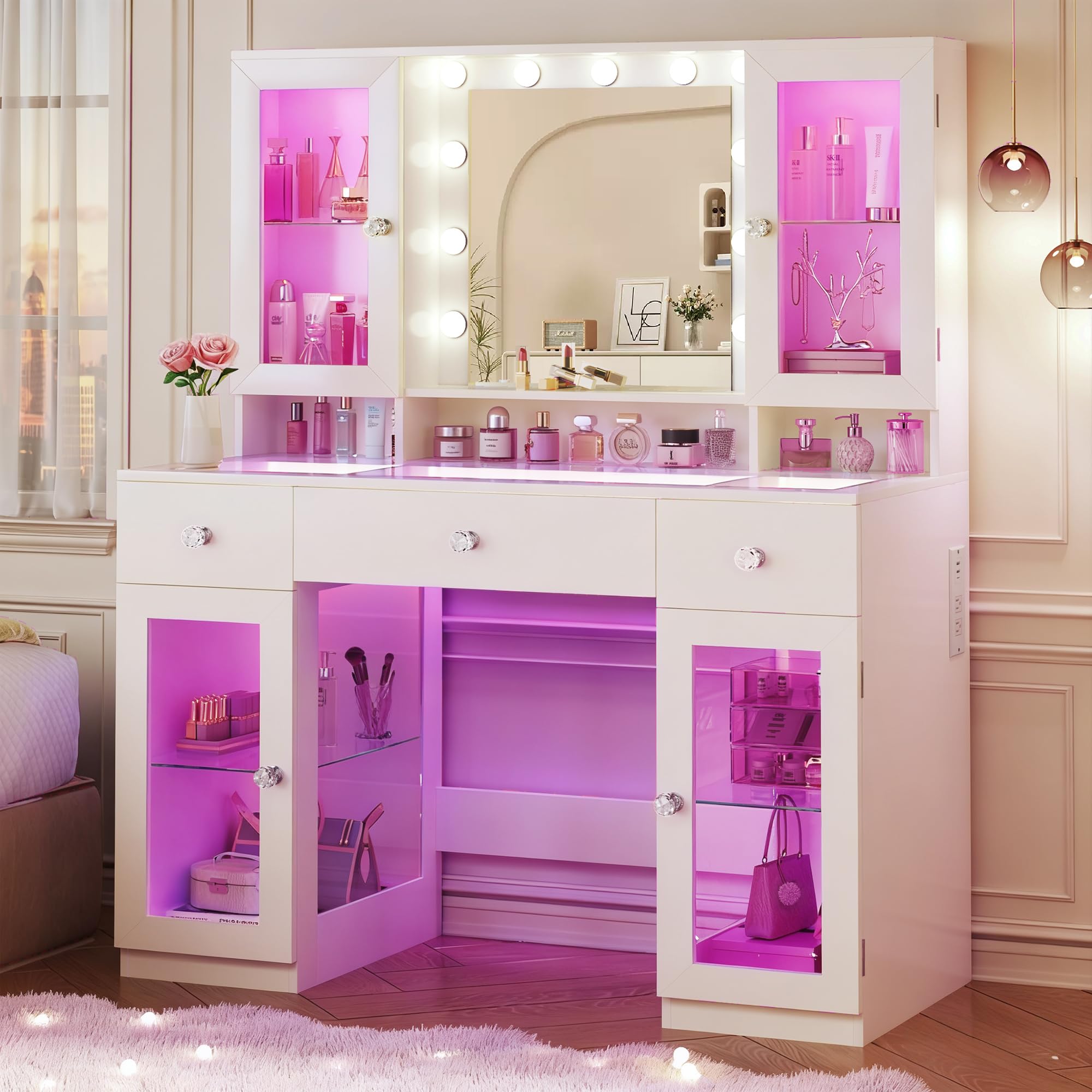 HUAHUU Vanity Desk with Mirror and RGB Lights, 43 Large Makeup Vanity with Glass Top, 4 Large Glass Cabinets, Power Outlet & 3 D