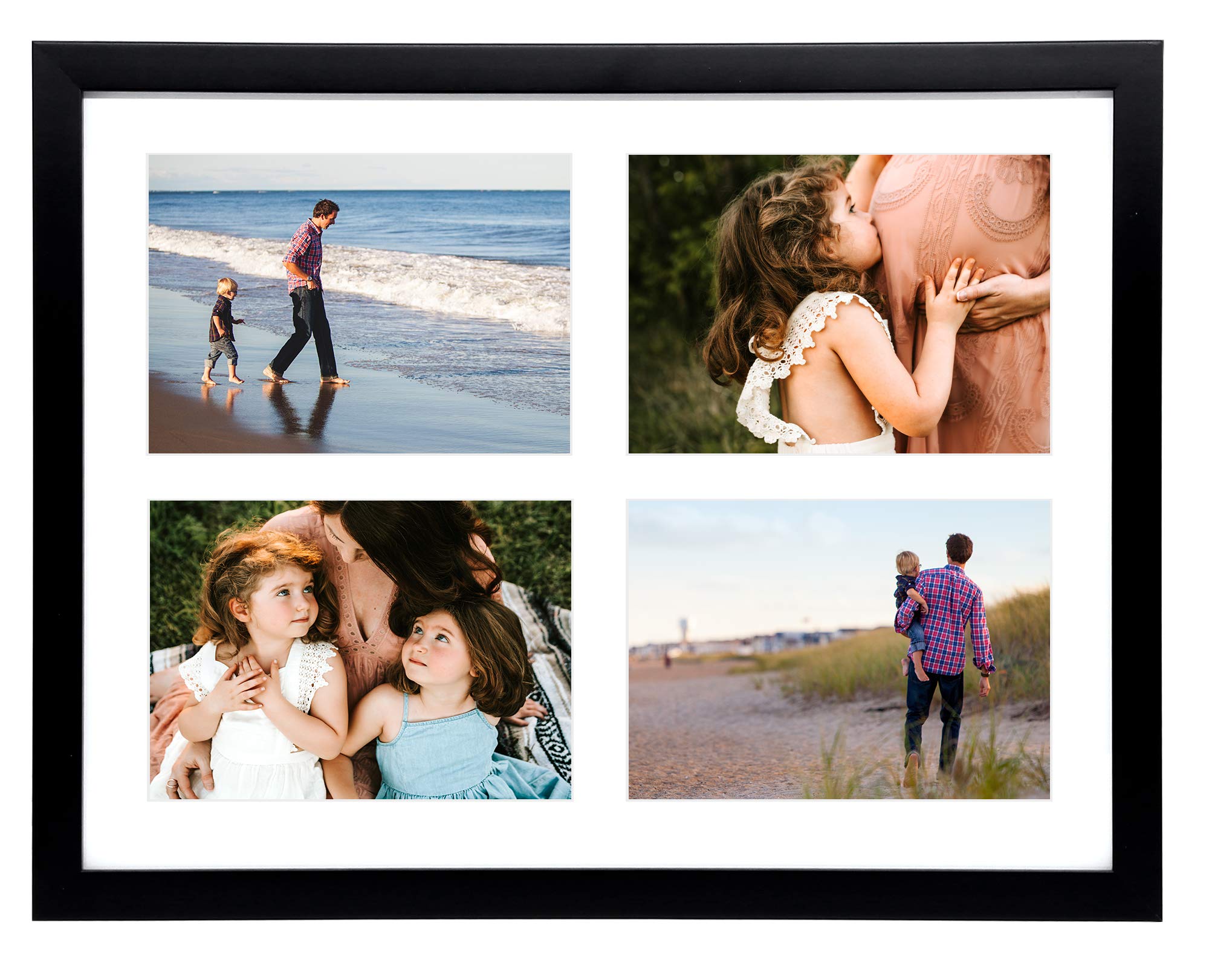 Golden State Art, 12x16 Black Wood Frame - Picture Frame with White Mat Displays Four 5x7 Photos - Collage Frame - Tempered Glas