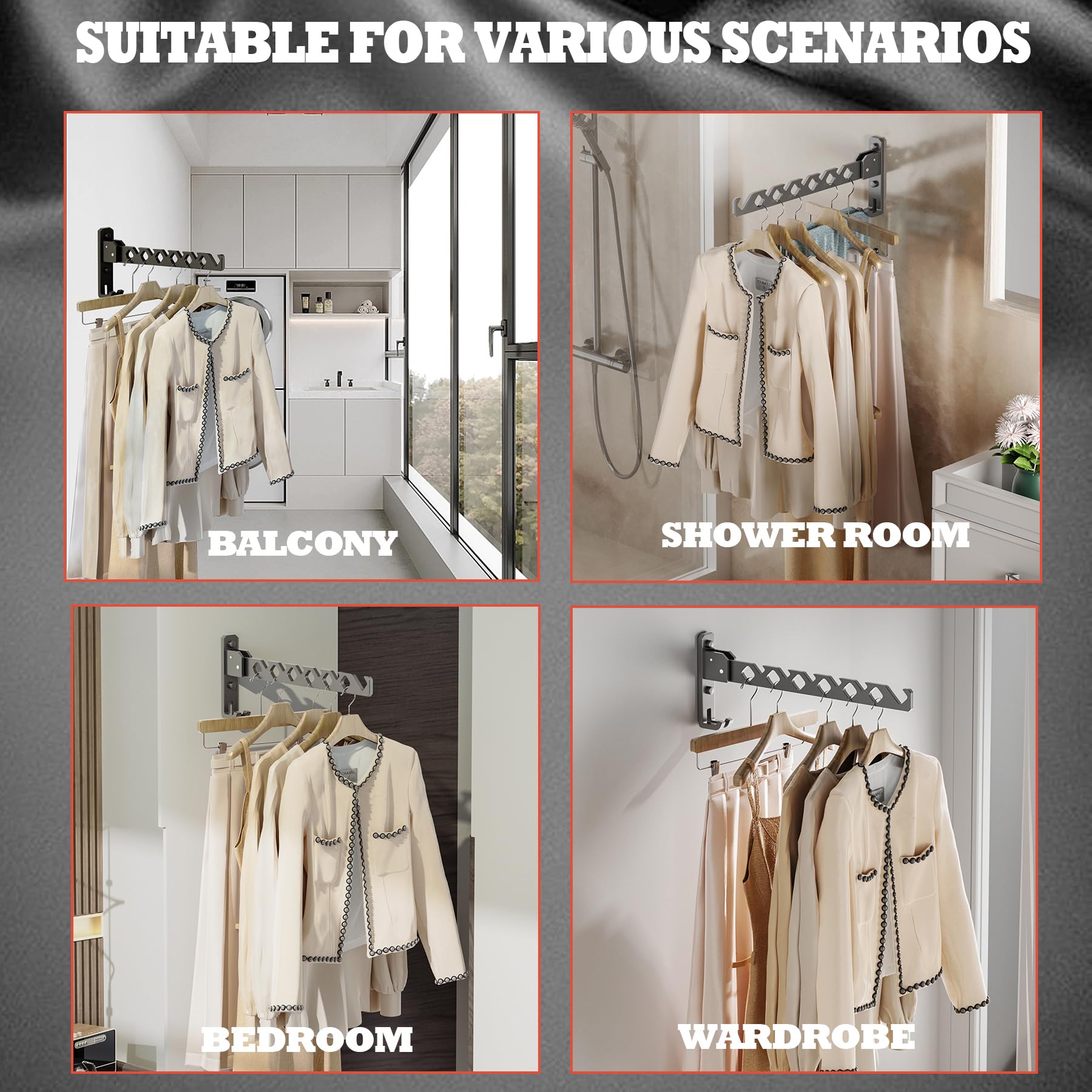 Dr.Dj Wall Mount Coat Hanger Holder Black Clothes Drying Organizer Rack Garment Hooks Aluminium Retractable Folding Indoor Wall