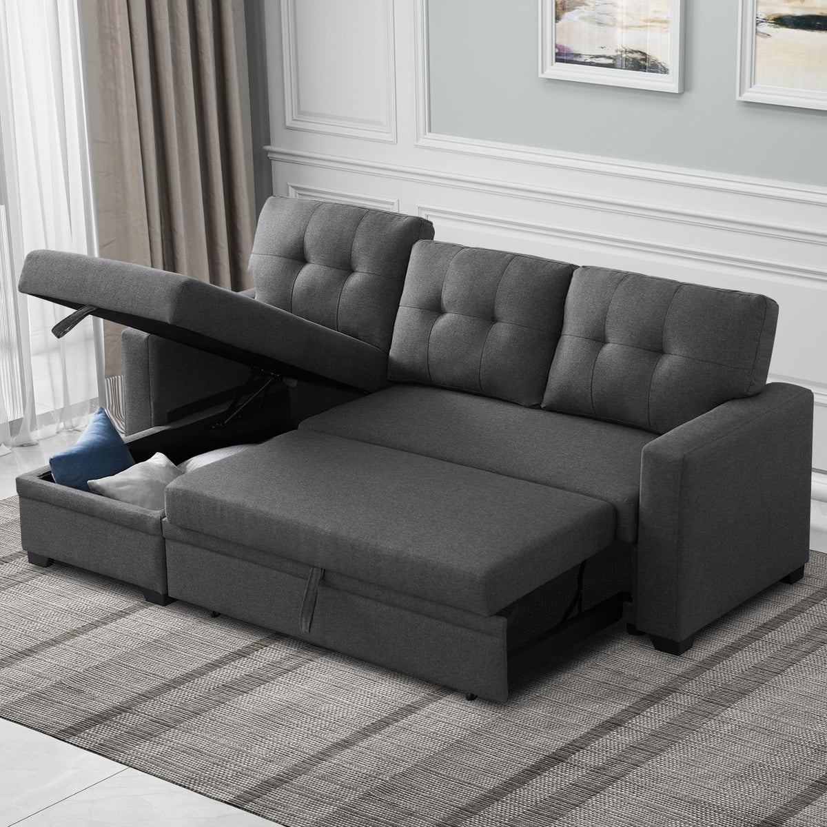 Rovibek 4In1 Convertible Modular Couch With Pull Out Bed And Storage, L Shaped Sofa Cama With Reversible Chaise, Sectional Cou