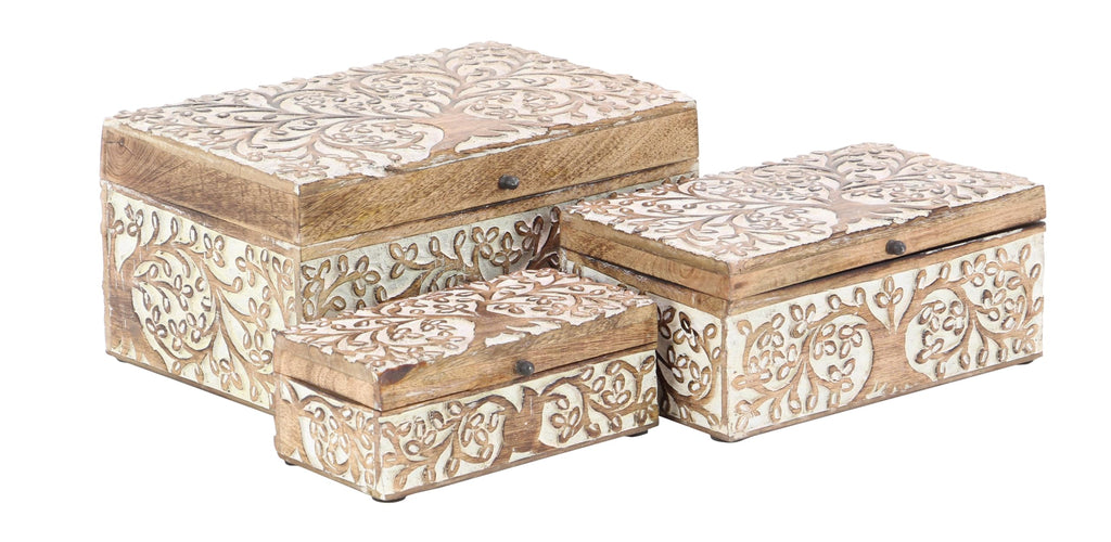 Deco 79 Mango Wood Floral Decorative Box Decorative Keepsake Boxes with Hinged Lid, Set of 3 Storage Boxes 8'', 10'', 12''W, Bro
