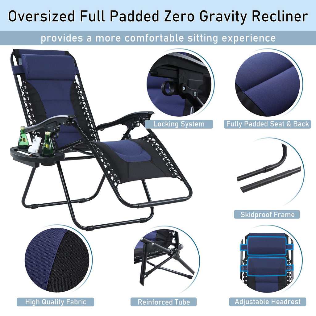 Phi Villa Set Of 2 Padded Zero Gravity Lounge Chair Oversized Folding Patio Recliner With Adjustable Headrest & Cup Holder, Support 350 Lbs(Blue)