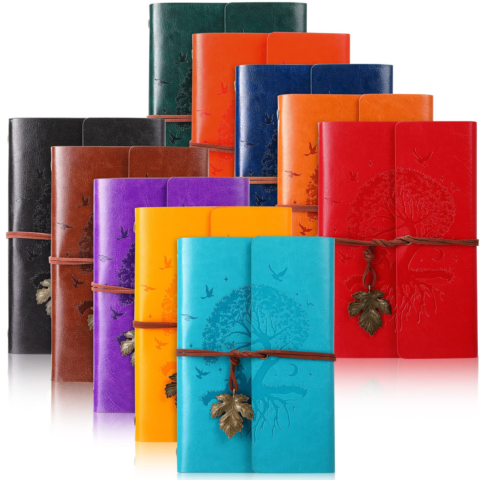 Teling 10 Pieces PU Leather Journal Tree Vintage Refillable Notebook Travel Journal Rustic Bound Diary Daily Writing Notepad wit