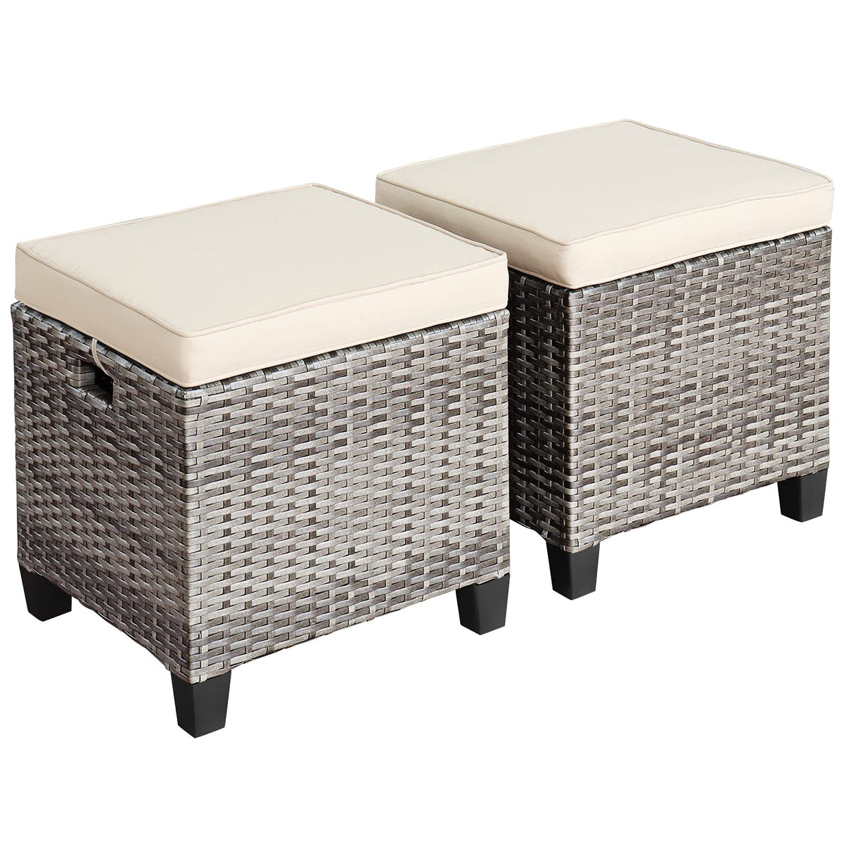Tangkula 2 Pieces Patio Rattan Ottomans, Outdoor Wicker Footstool Footrest Seat With Soft Cushions And Steel Frame, All-Weather Patio Ottoman Set For Backyard Garden Poolside