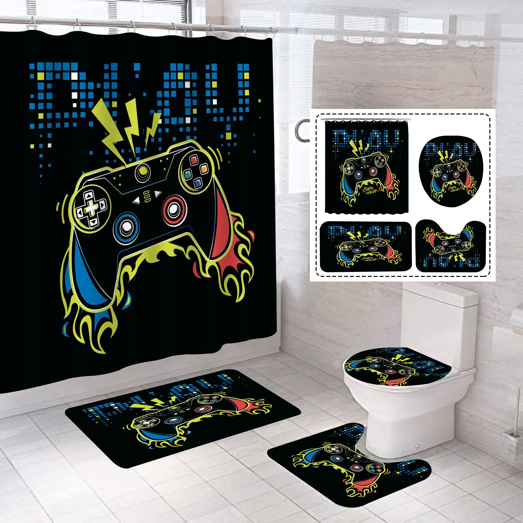 NORBEY 4 Pcs Gaming Shower Curtain Set, Classic Videogames Controller Bath Curtain with Anti-Slip Mat Toilet Cover Carpet Set an
