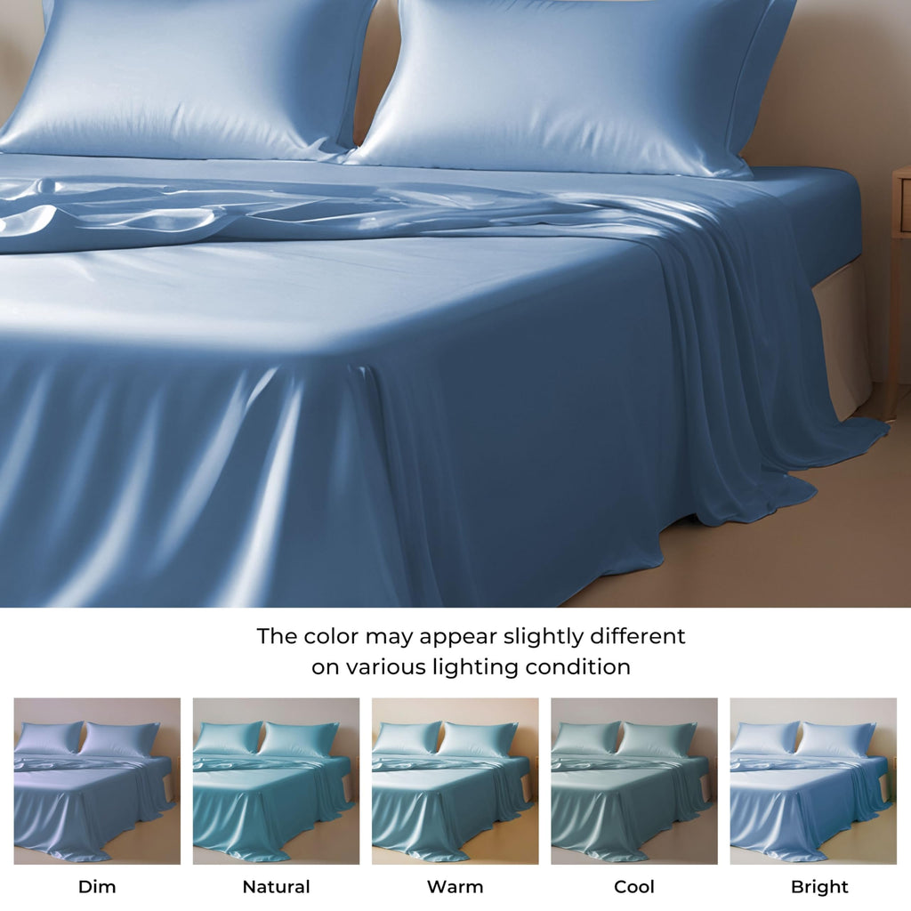 Linenwalas Eucalyptus Silk Tencel Sheets Set Queen Size 4Pc - Blue Bedding Lyocell 16'' Deep Pocket Sheets - Soft Breathable & C