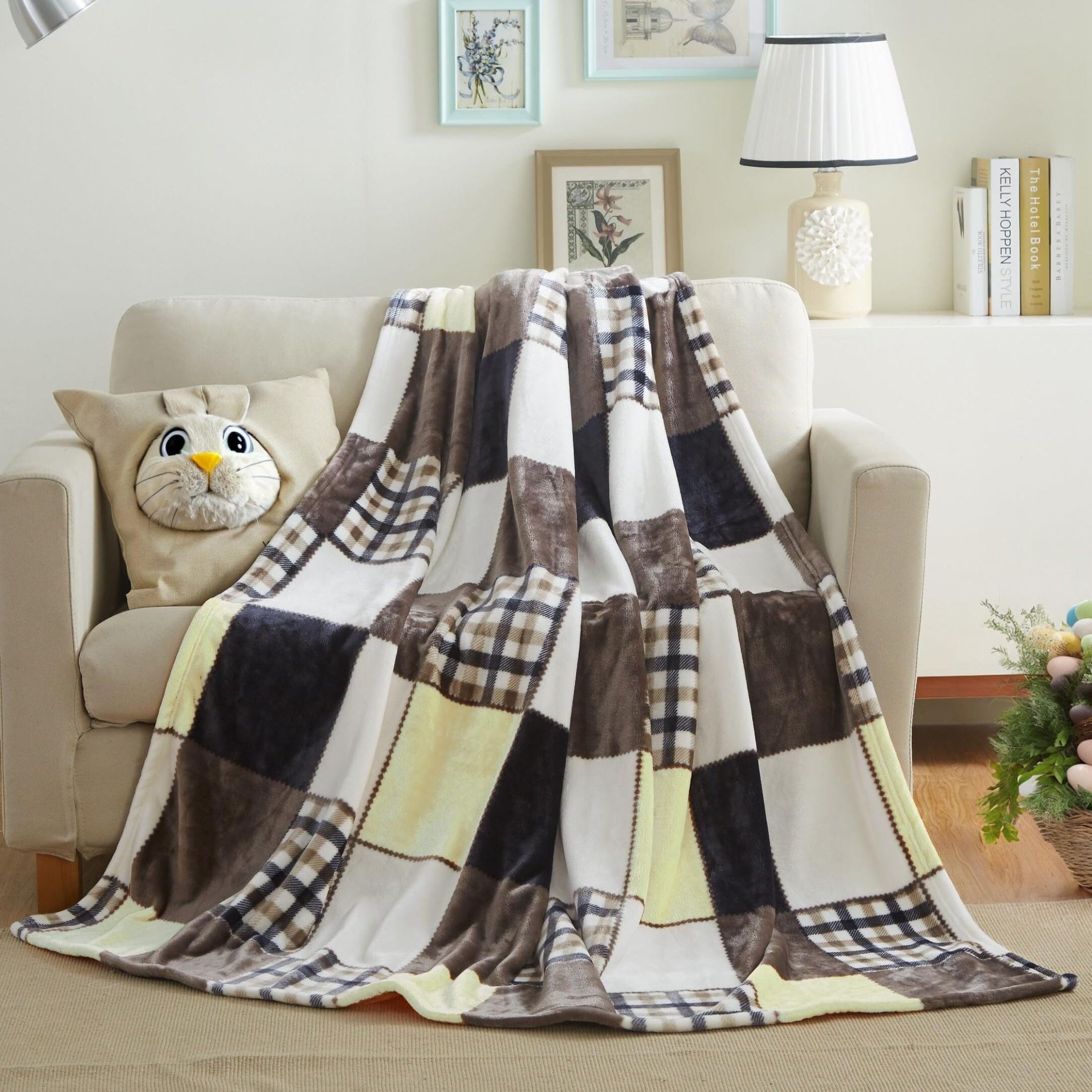 Tache Fall Buttermilk Yellow Brown Plaid Throw Blanket - Farmhouse Checkered Patchwork Super Soft Micro Fleece Plush Lightweight