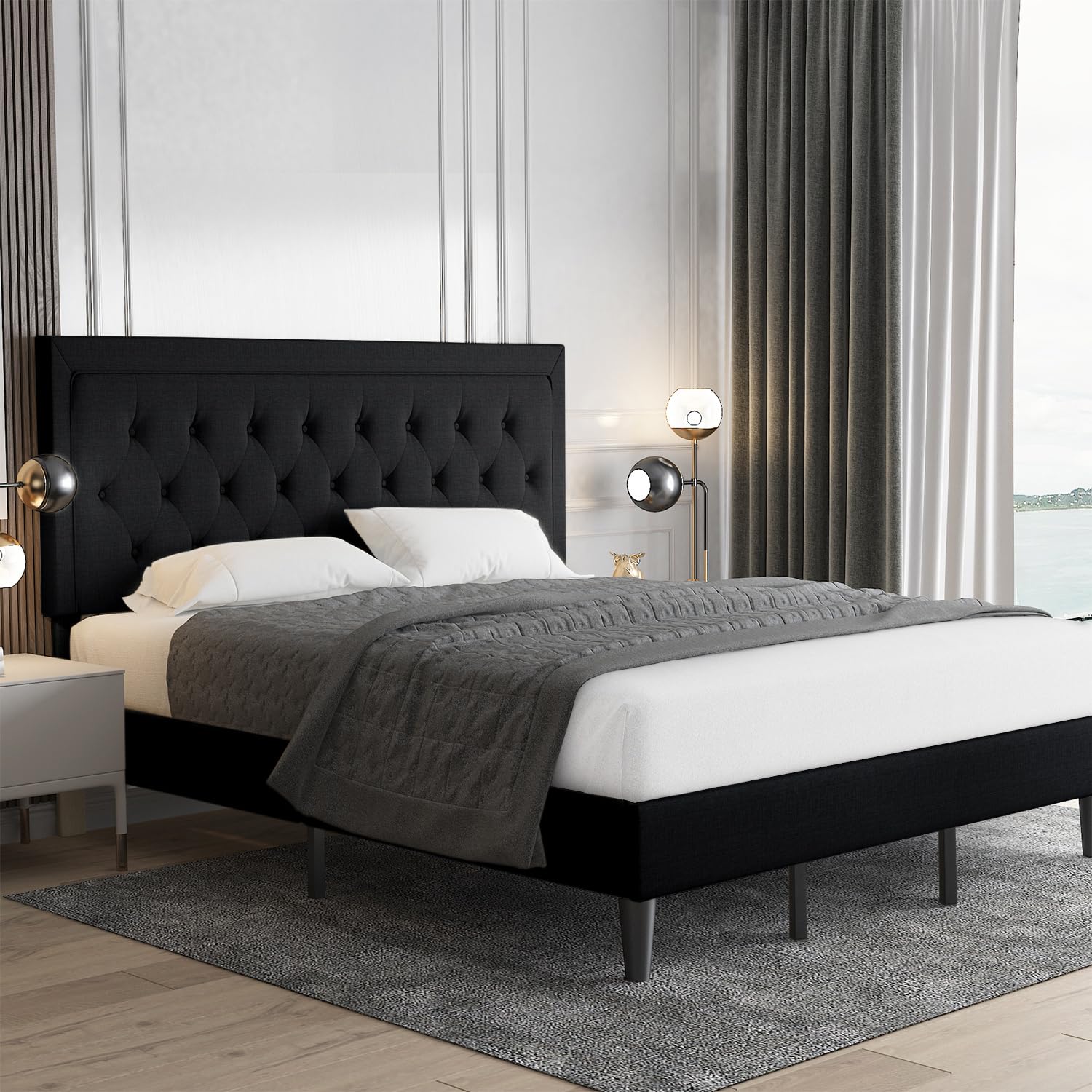 Allewie King Size Upholstered Platform Bed Frame With Adjustable Headboard, Button Tufted, Wood Slat Support, Easy Assembly, Black