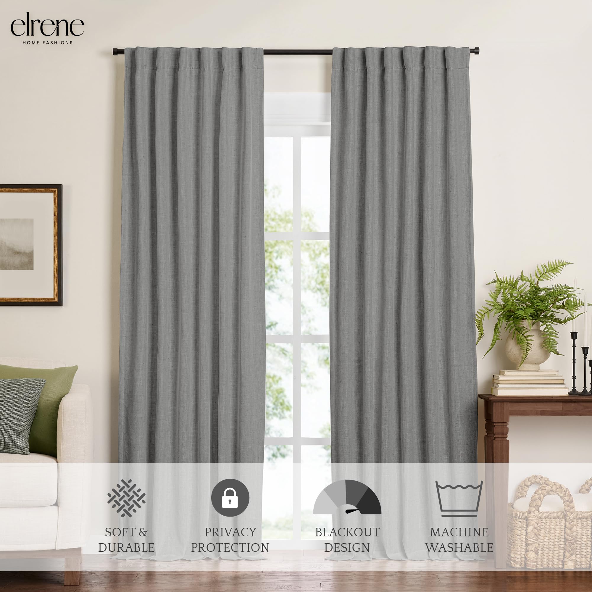 Elrene Home Fashions Harrow Solid Texture Blackout Single Window Curtain Panel, 52''X95'', Dark Gray