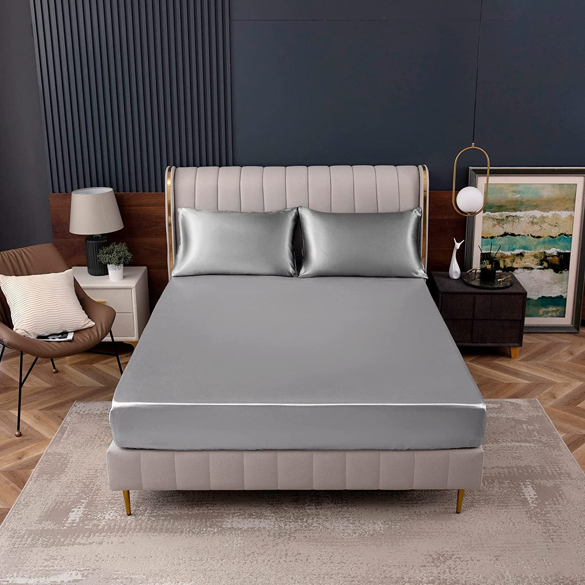 Homiest Light Grey Satin Fitted Sheet Twin Xl Size Fitted Bed Sheet, Deep Pocket Fitted Sheet Only, Luxury & Ultra Soft Bedding Fitted Sheet Single Bottom Bed Sheets Sold Separately