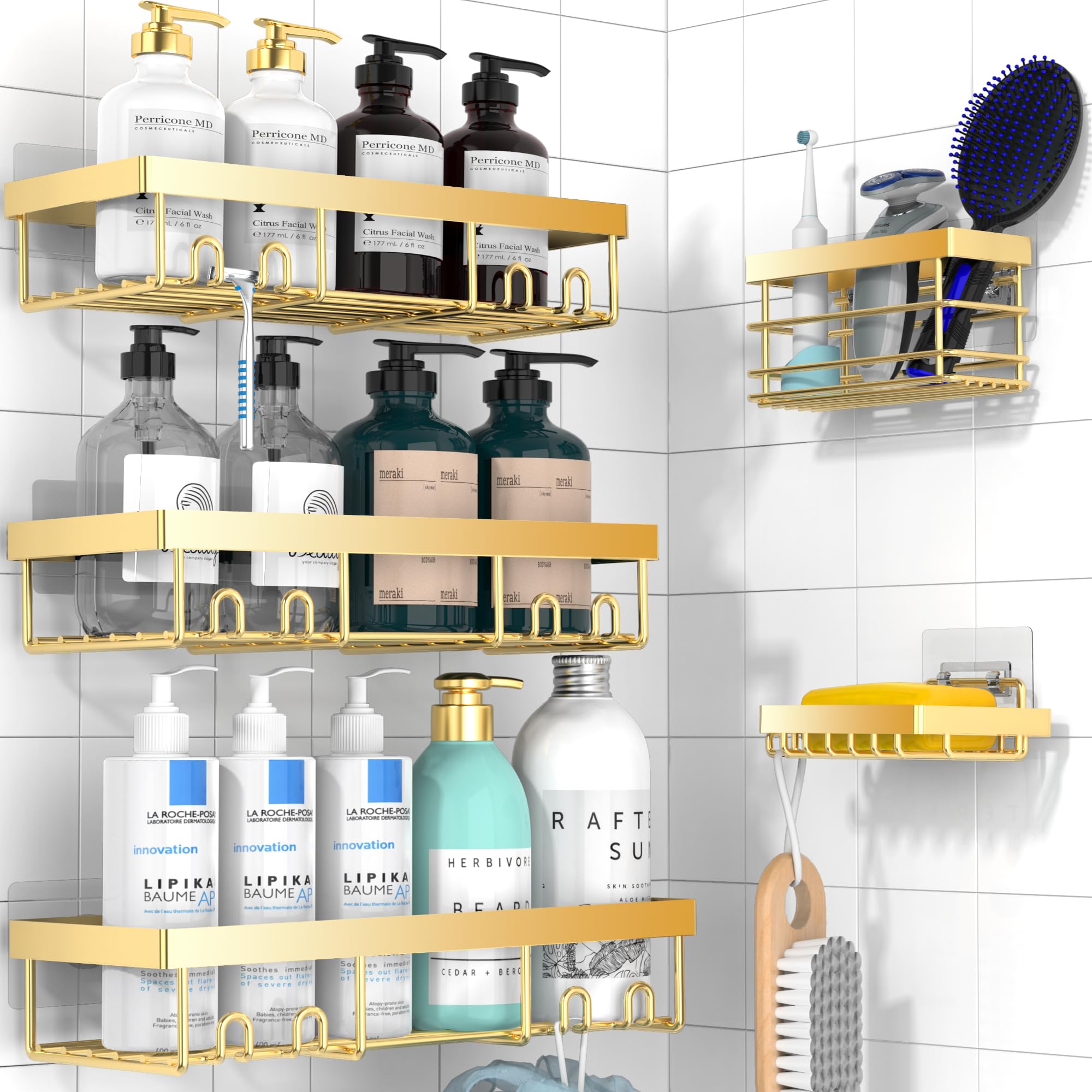 Moforoco Gold 5 Pack Shower Caddy Shelf Organizers Rack, Self Adhesive Black Bathroom Storage Organization, Home Kitchen No Dril