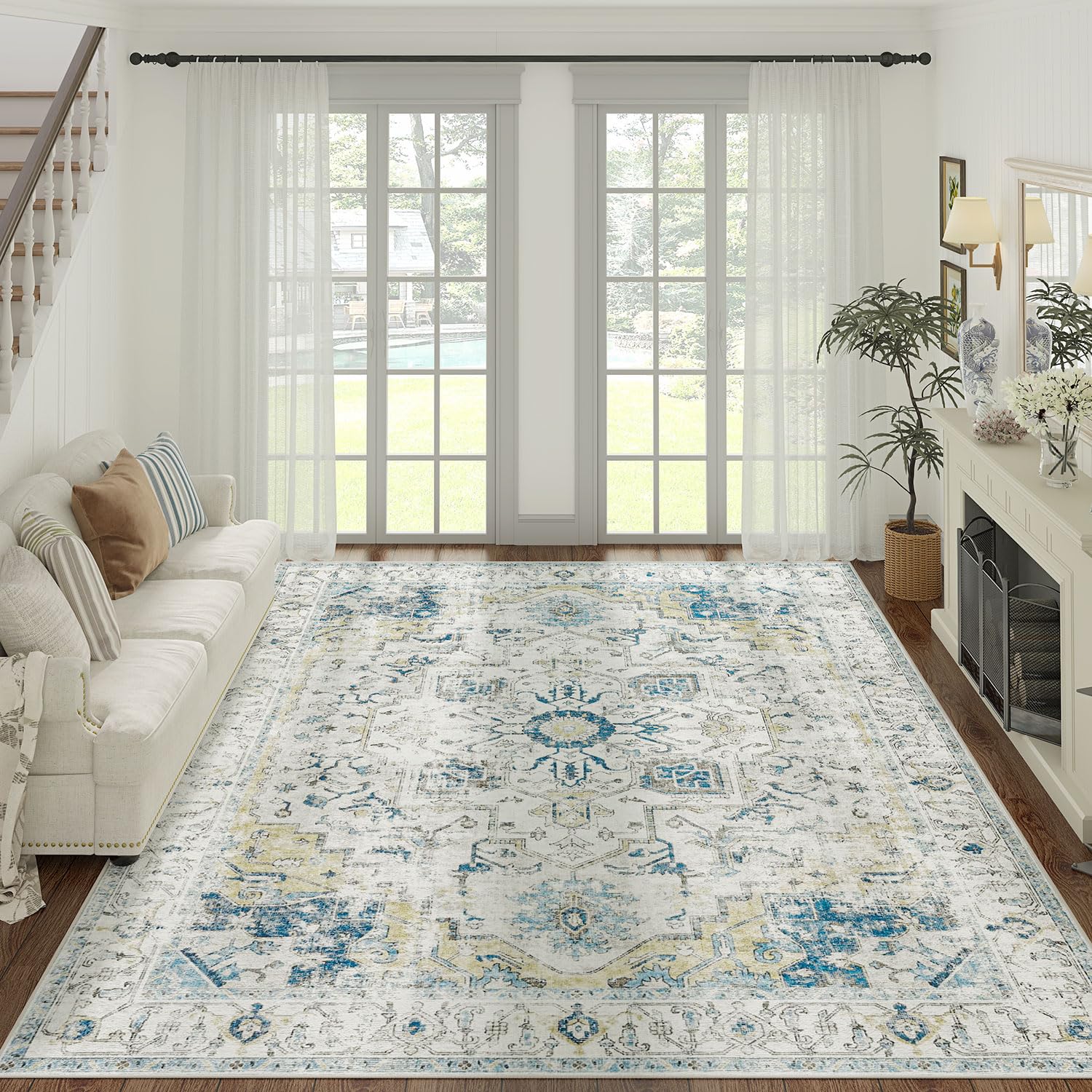 jinchan Area Rug 8x10 Washable Rug Vintage Rug Indoor Floor Cover Print Distressed Carpet Light Blue Multi Thin Rug Foldable Acc