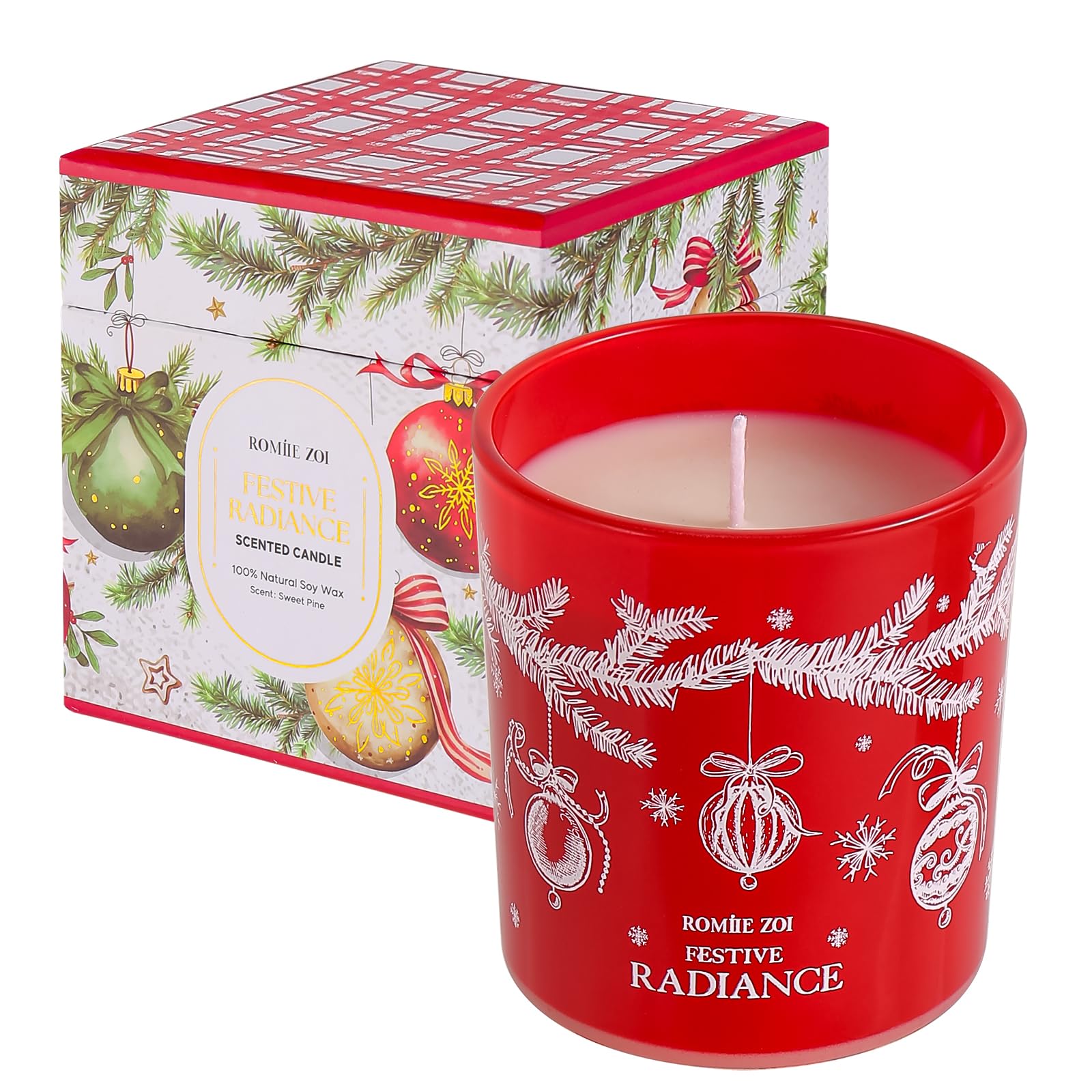 ROMIIE ZOI Christmas Scented Jar Candle - 6oz Soy Wax Candle - Festive Radiance Infused with Sweet Pine Aroma - with Beautiful K