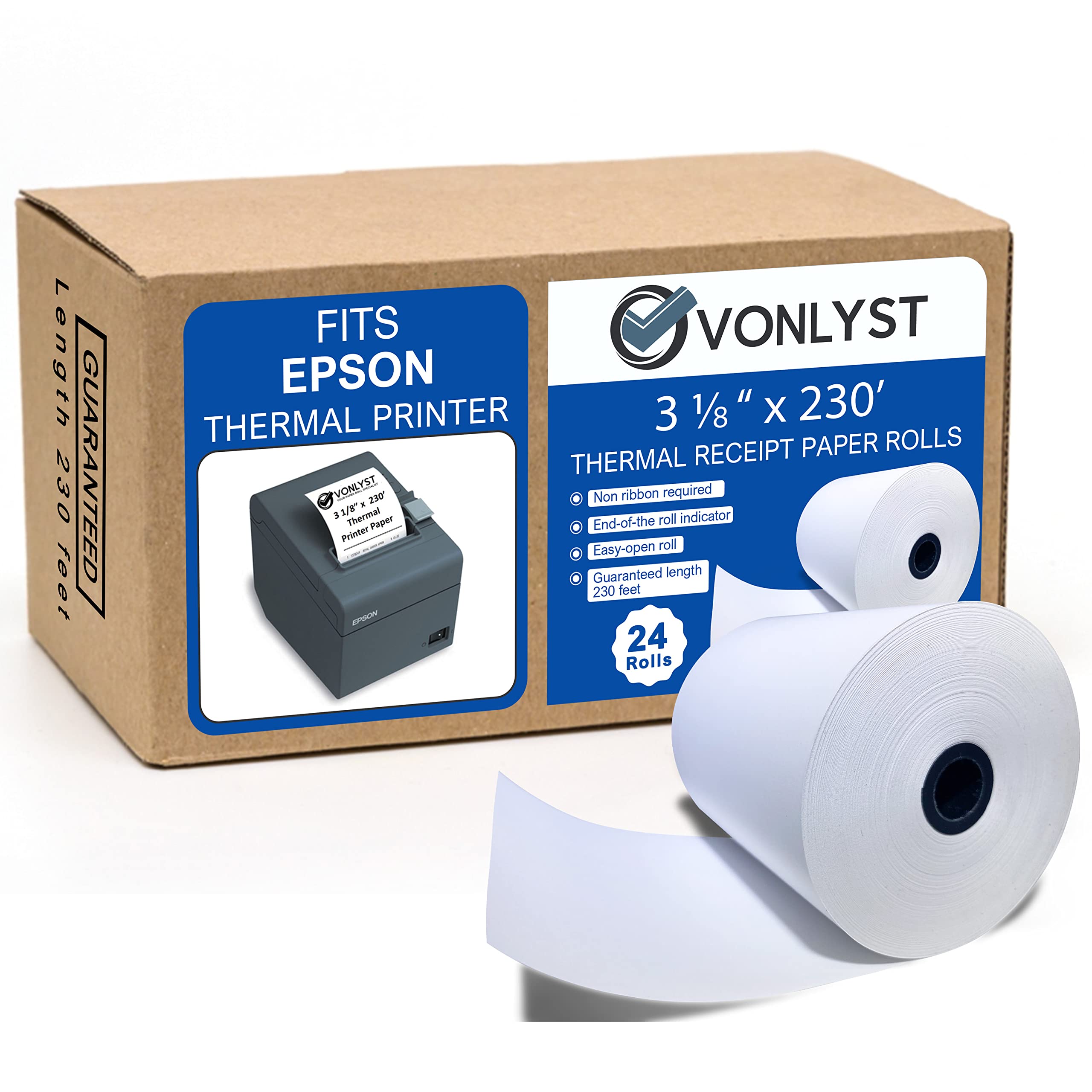 Vonlyst 3 1/8 X 230 Thermal Paper Receipt Roll For Epson Printer (Pack 24 Rolls)