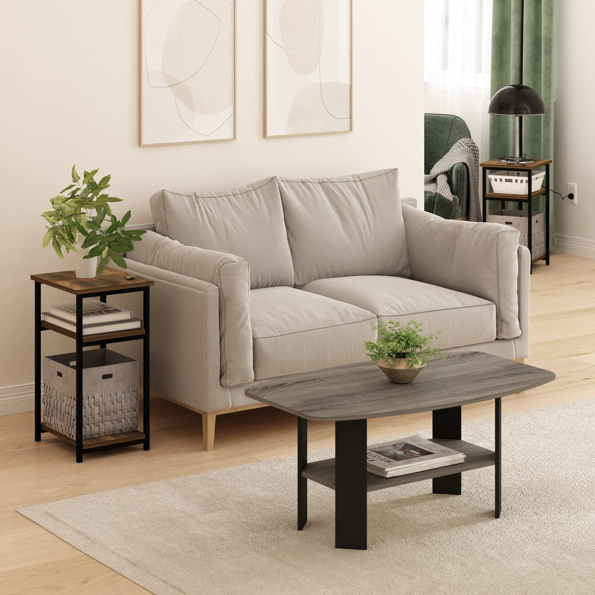 Furinno Simplistic Metal Frame End Table, 2-Pack, French Oak
