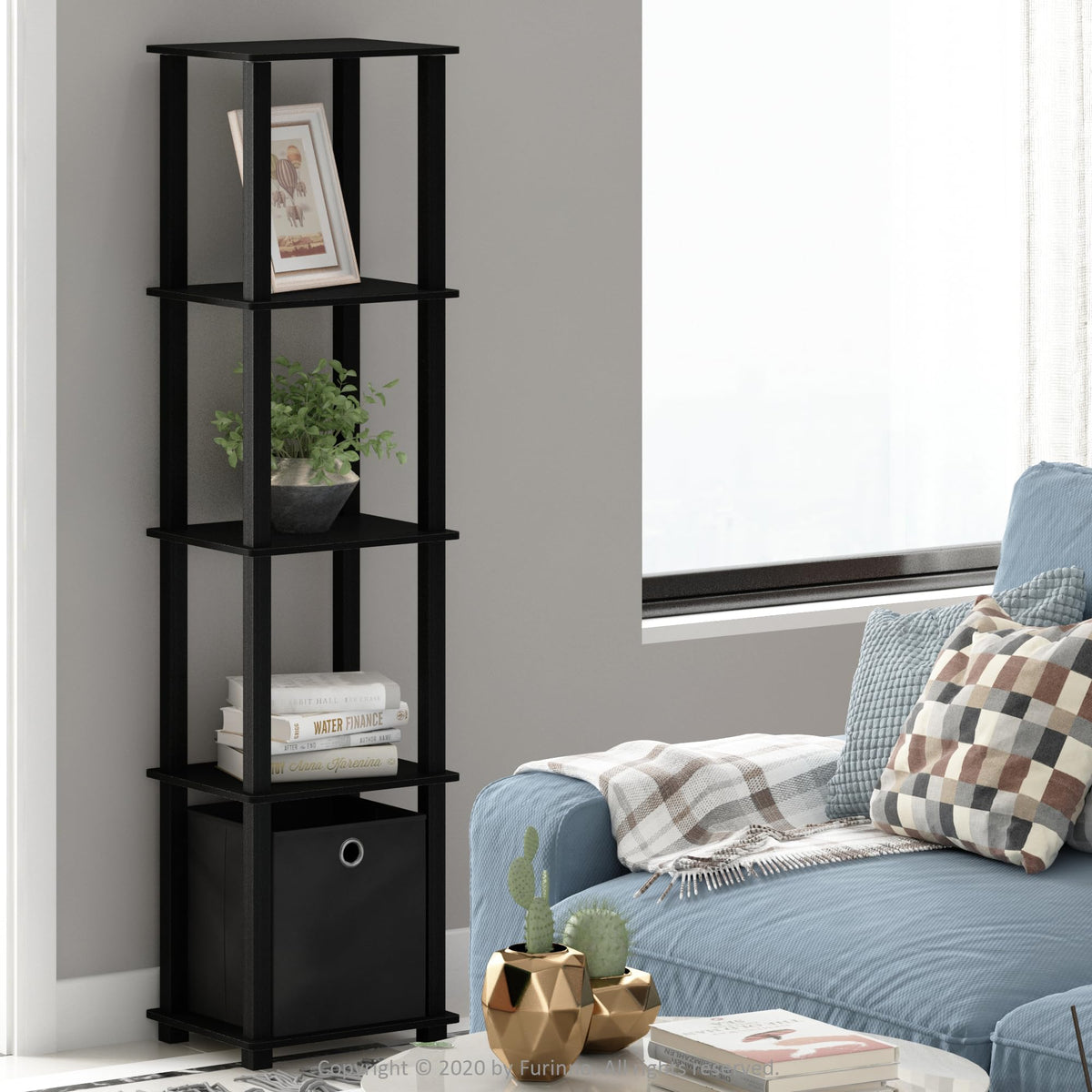 FURINNO Decorative Shelf With Bin, Black