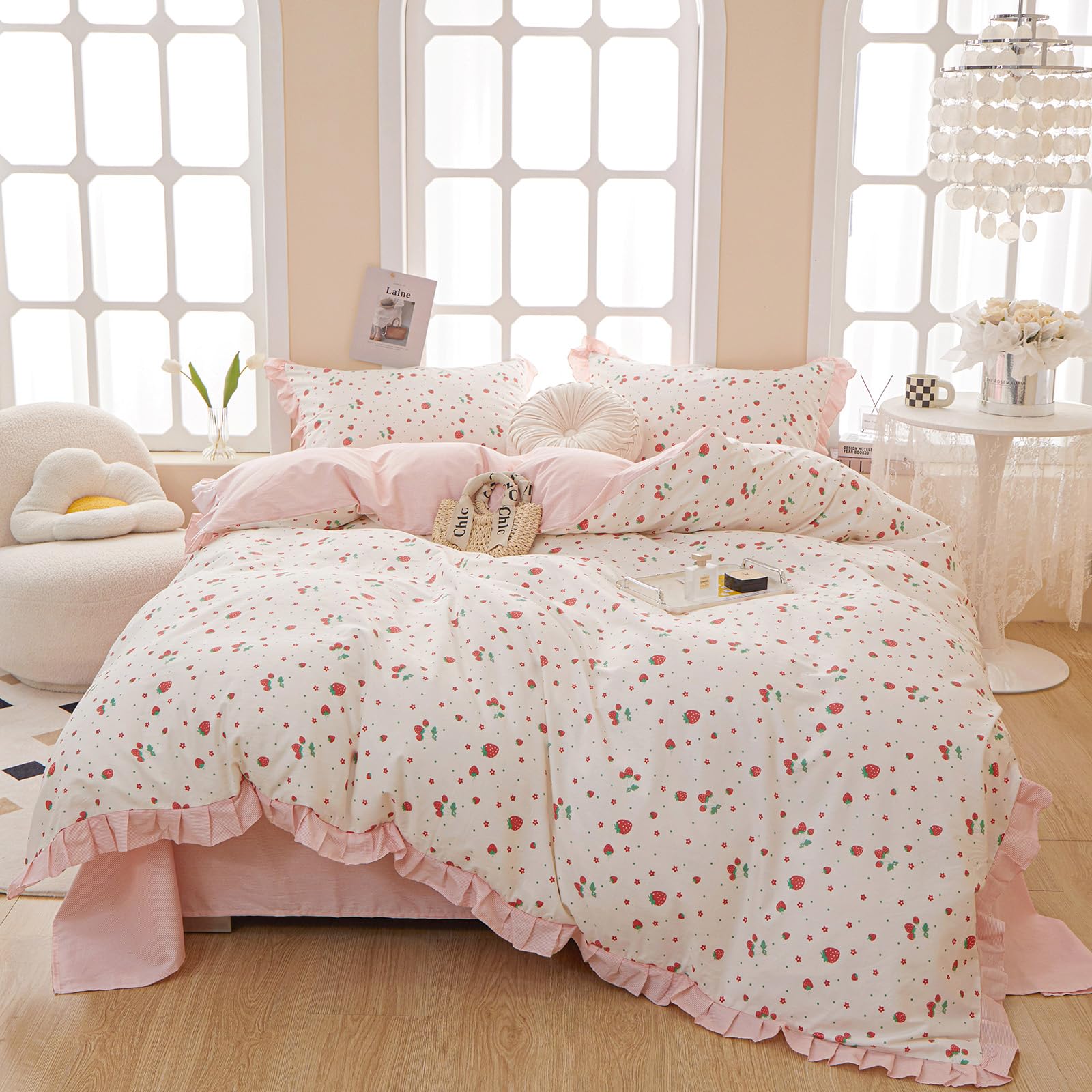 Kawaii Pink Strawberry Duvet Cover Twin Cotton Girls Lace Duvet Cover Cute Ruffle Strawberry Bedding Set Kawaii Strawberry Ruffl