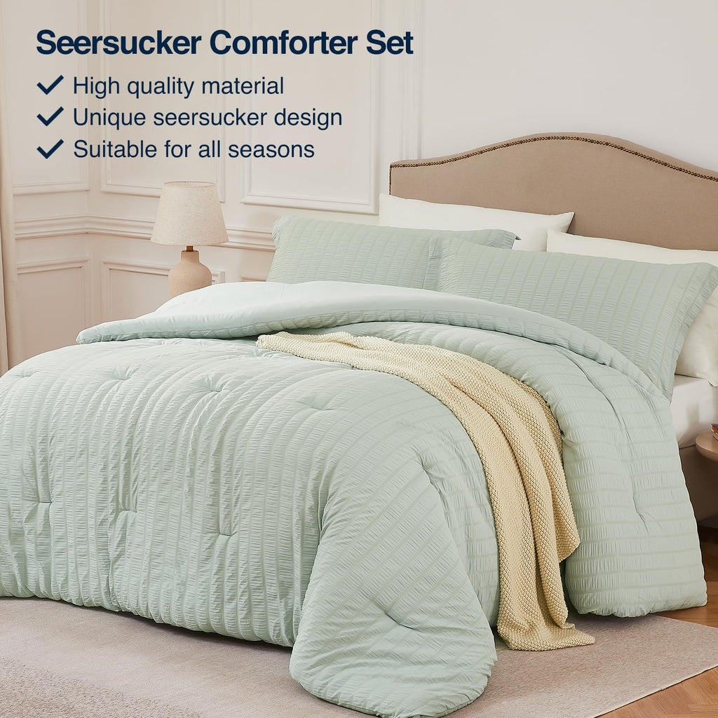 Quataly Sage Green Full Comforter Set - 3 Pieces Seersucker Lightweight Bedding Comforter Sets (1 Soft Fluffy Comforter & 2 Pill