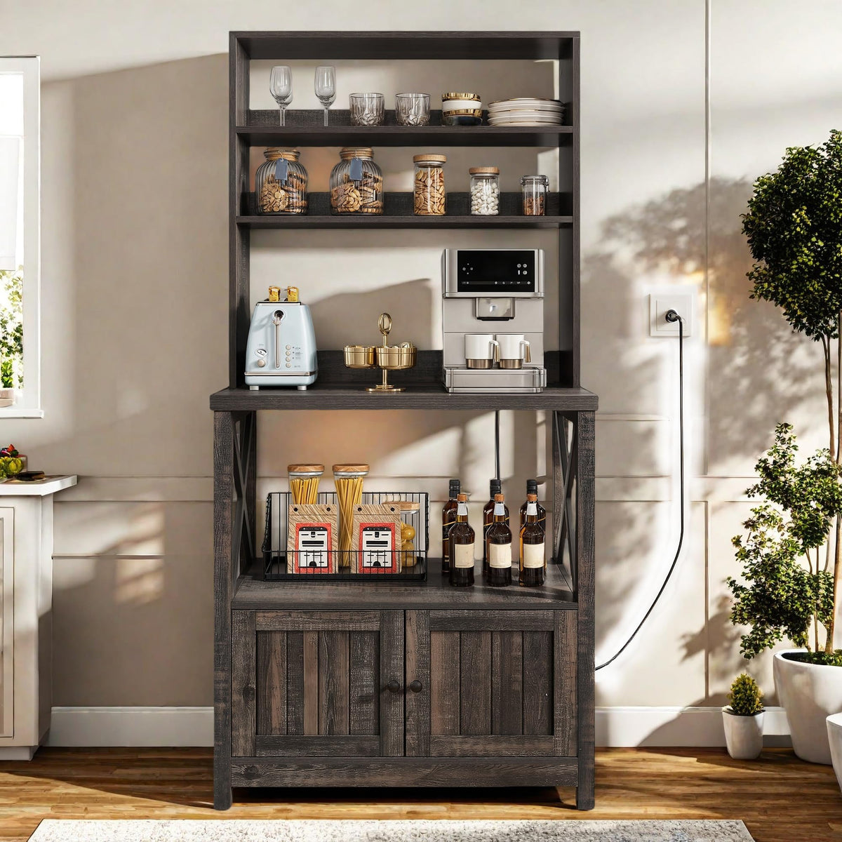 YITAHOME Bakers Rack with Power Outlet and Storage Cabinet Door, 5-Tiers Kitchen Tall Microwave Stand, Farmhouse Small Pantry Hu