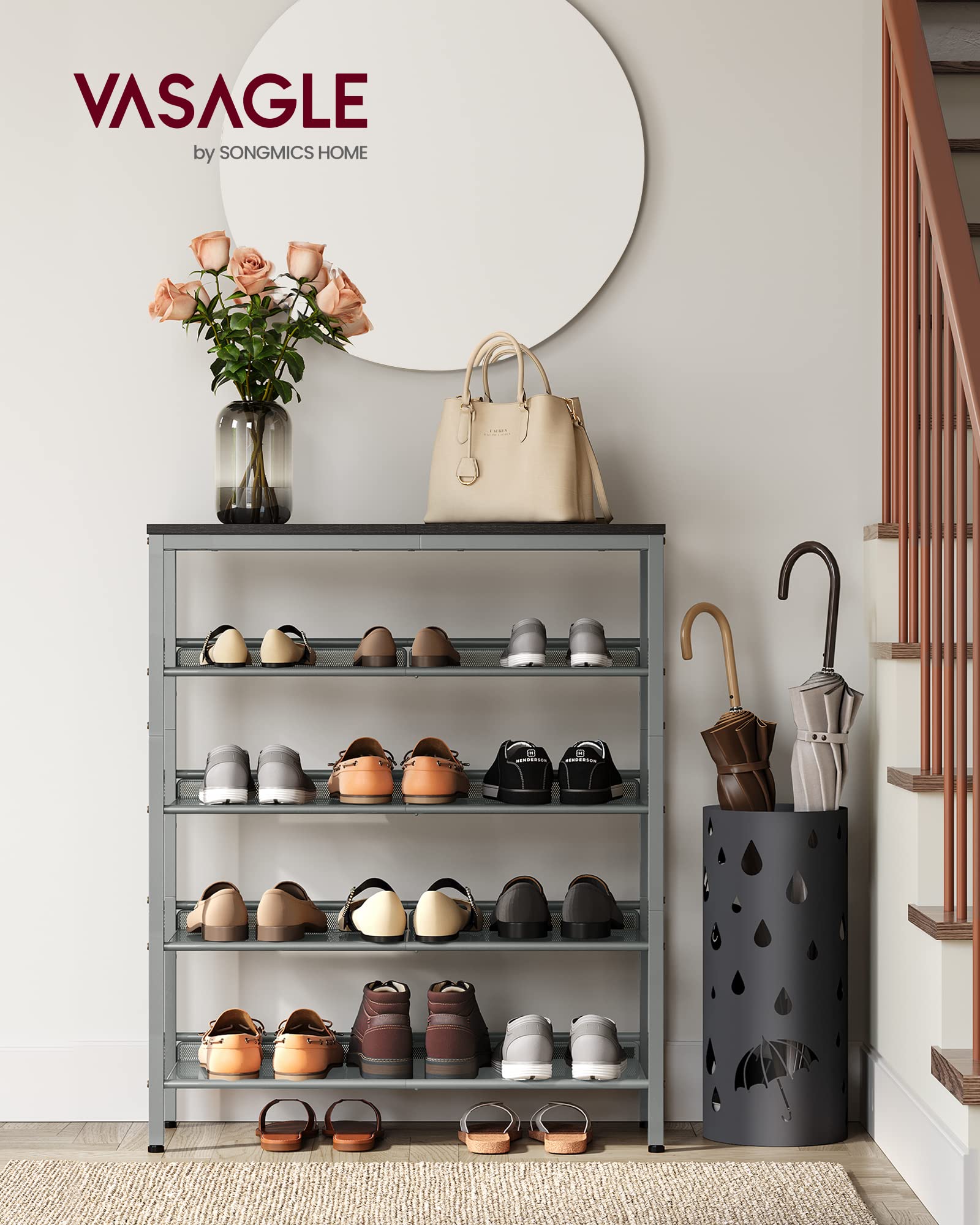 VASAGLE 5-Tier Shoe Rack Organizer - Adjustable, Charcoal Grey & Metallic Silver - Freestanding with Storage Shelves - Model ULBS038E22