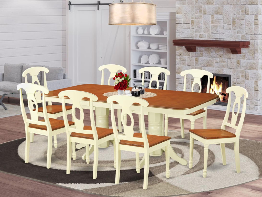 East West Furniture NAKE9-WHI-W 9 Piece Dining Room Furniture Set Includes a Rectangle Kitchen Table with Butterfly Leaf and 8 Dining Chairs, 40x78 Inch, Buttermilk & Cherry