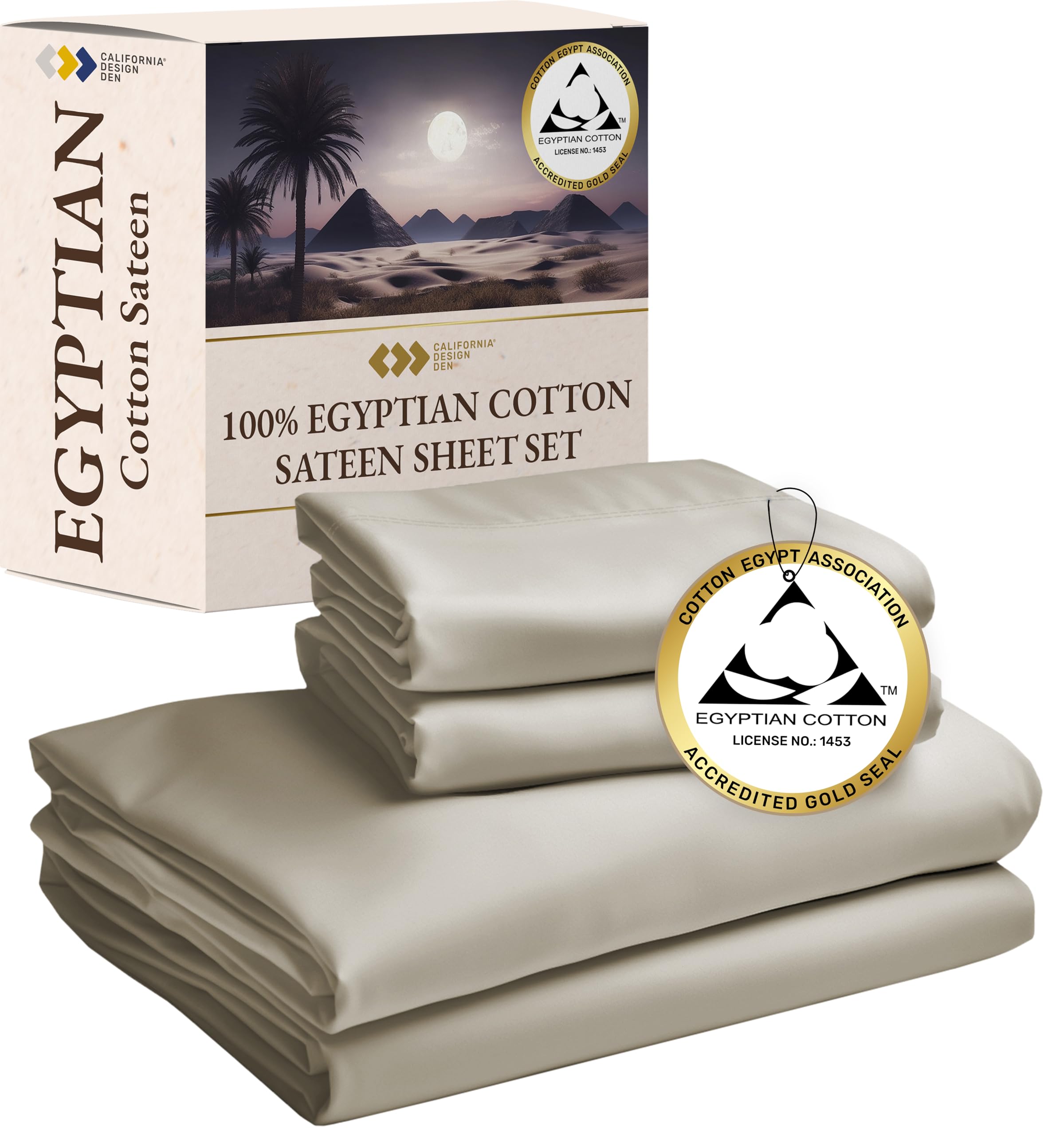 Certified Luxury 100% Egyptian Cotton Sheets, California King Sheets Deep Pockets, Bedding Sheets & Pillowcases Set, Sateen Cool