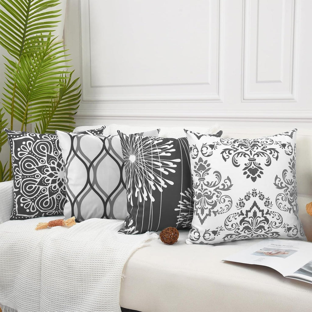 Decorative Throw Pillow Covers 16X16 Set Of 4, Dark Grey And White Modern Simple Square Pillow Case Cushion Cover For Sofa Couch