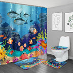 NBVKO 4PCS Cartoon Blue Ocean and Creature Shower Curtain Set with Non-Slip Rugs,Toilet Lid Cover and Bath Mat,Bathroom Shower D