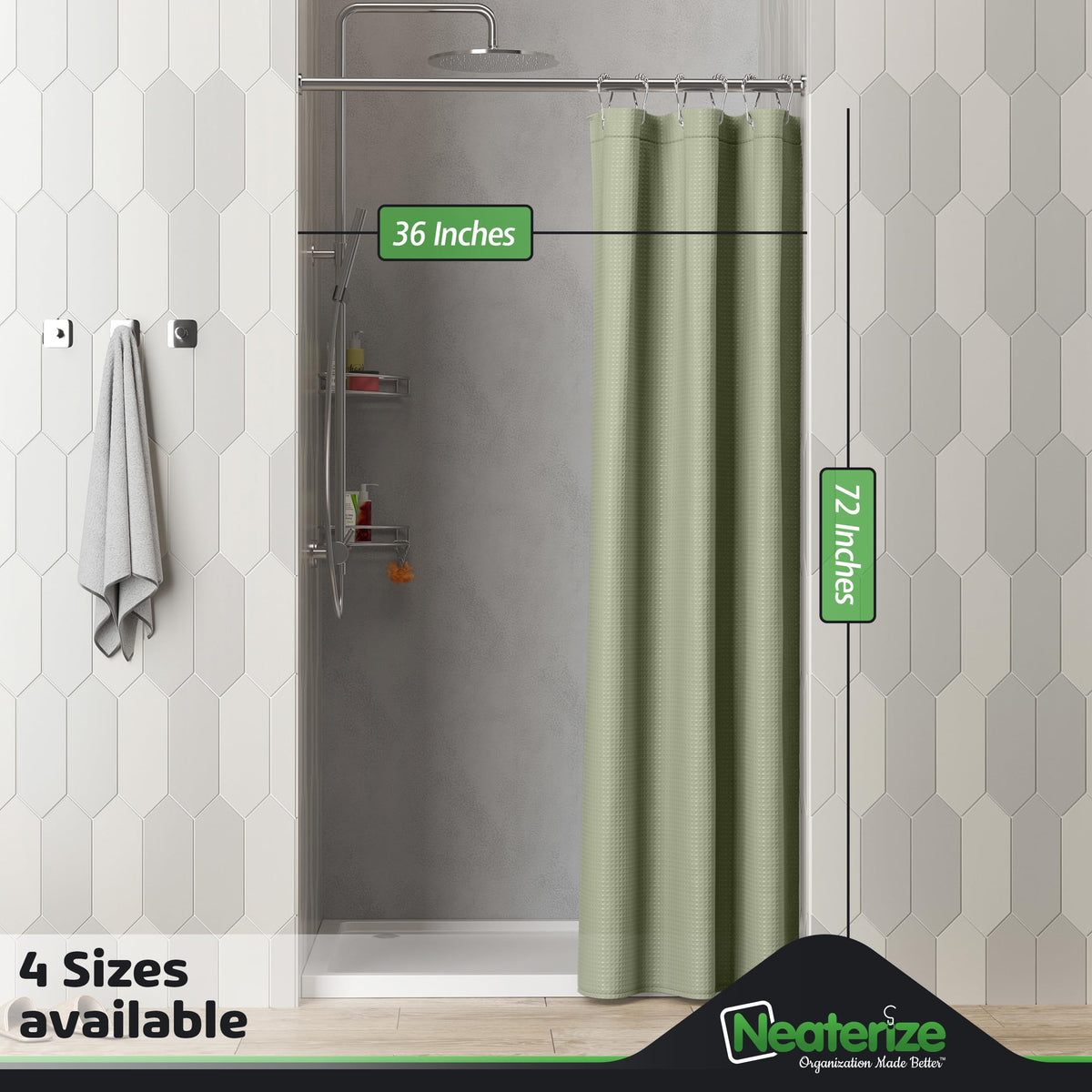 Neaterize Stall Shower Curtain Sage Green - Hotel Style Sage Green Shower Curtains For Bathroom With Waffle Design, 36X72 Inches