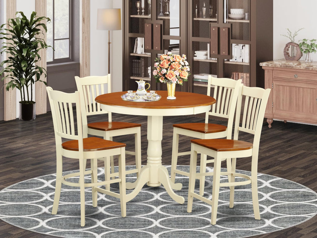 East West Furniture JAGR5-WHI-W 5 Piece Kitchen Counter Set Includes a Round Dining Room Table with Pedestal and 4 Dining Chairs, 36x36 Inch, Buttermilk & Cherry