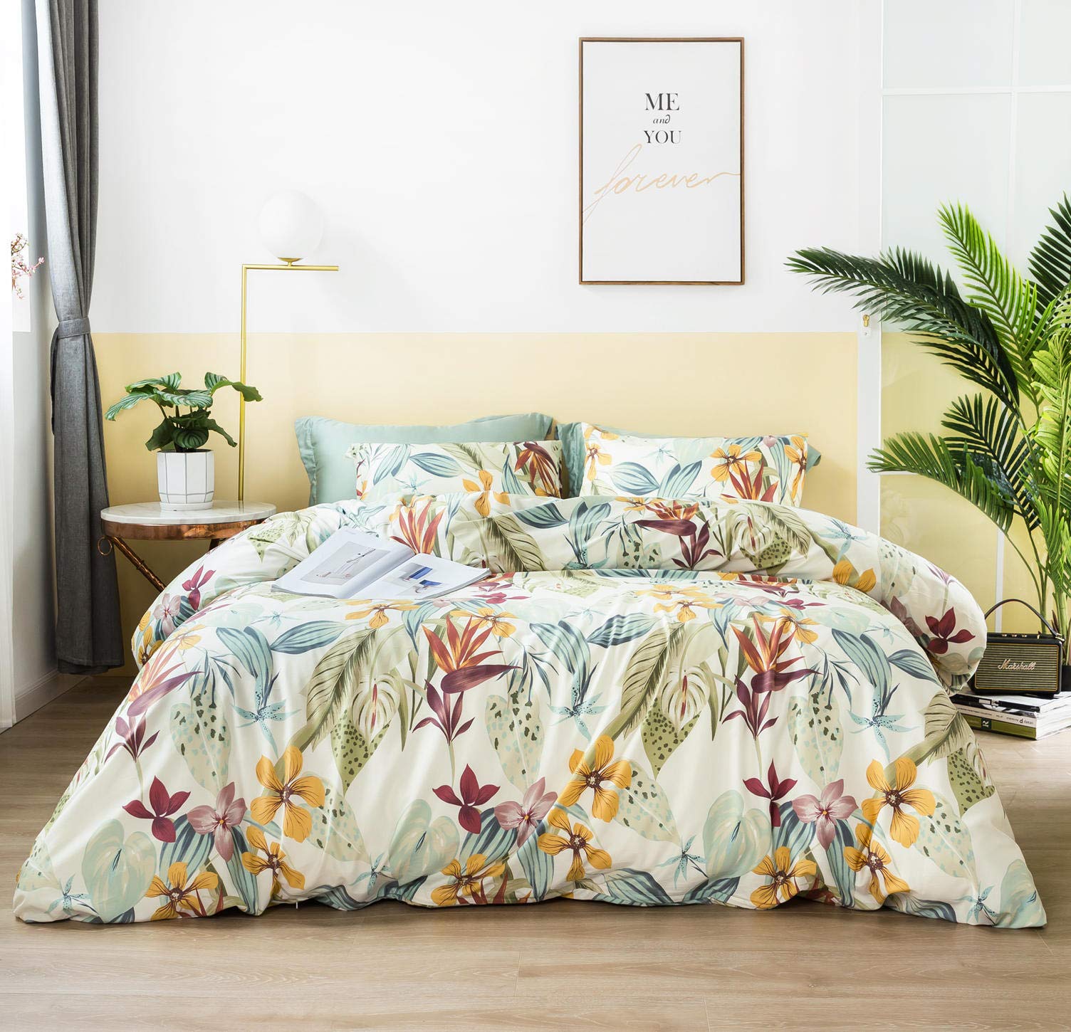 Susybao Flower Duvet Cover King 100% Egyptian Cotton Yellow Floral Duvet Cover 3 Pieces Set 1 Garden Style Burgundy Botanical Du