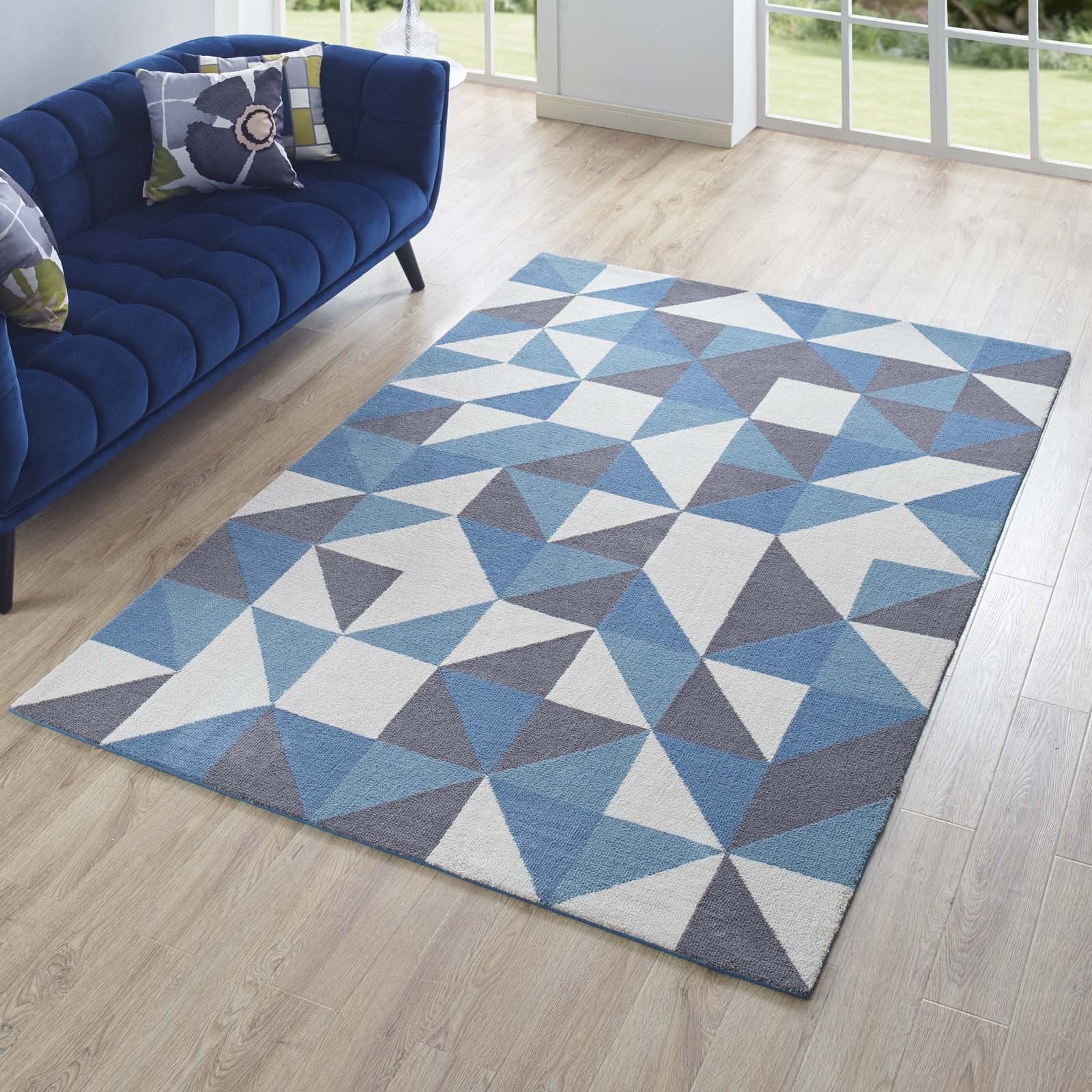 Modway Kahula Geometric Triangle Mosaic 5X8 Area Rug In Blue, White And Gray