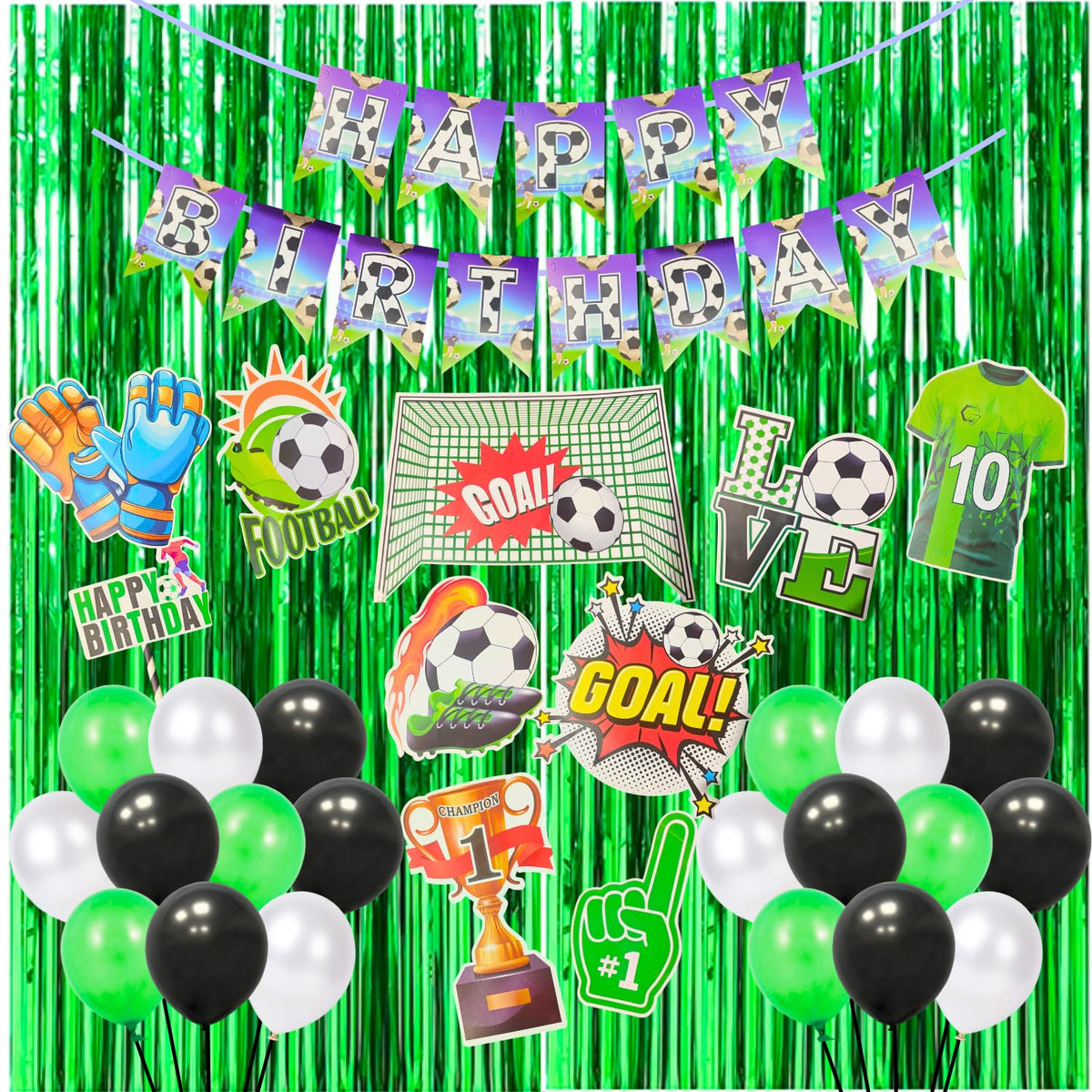 Party Decorz Football Theme Birthday Party Decorations Set, 42 Pieces with Banner, Balloons, Cutouts, Props, Foil Curtain