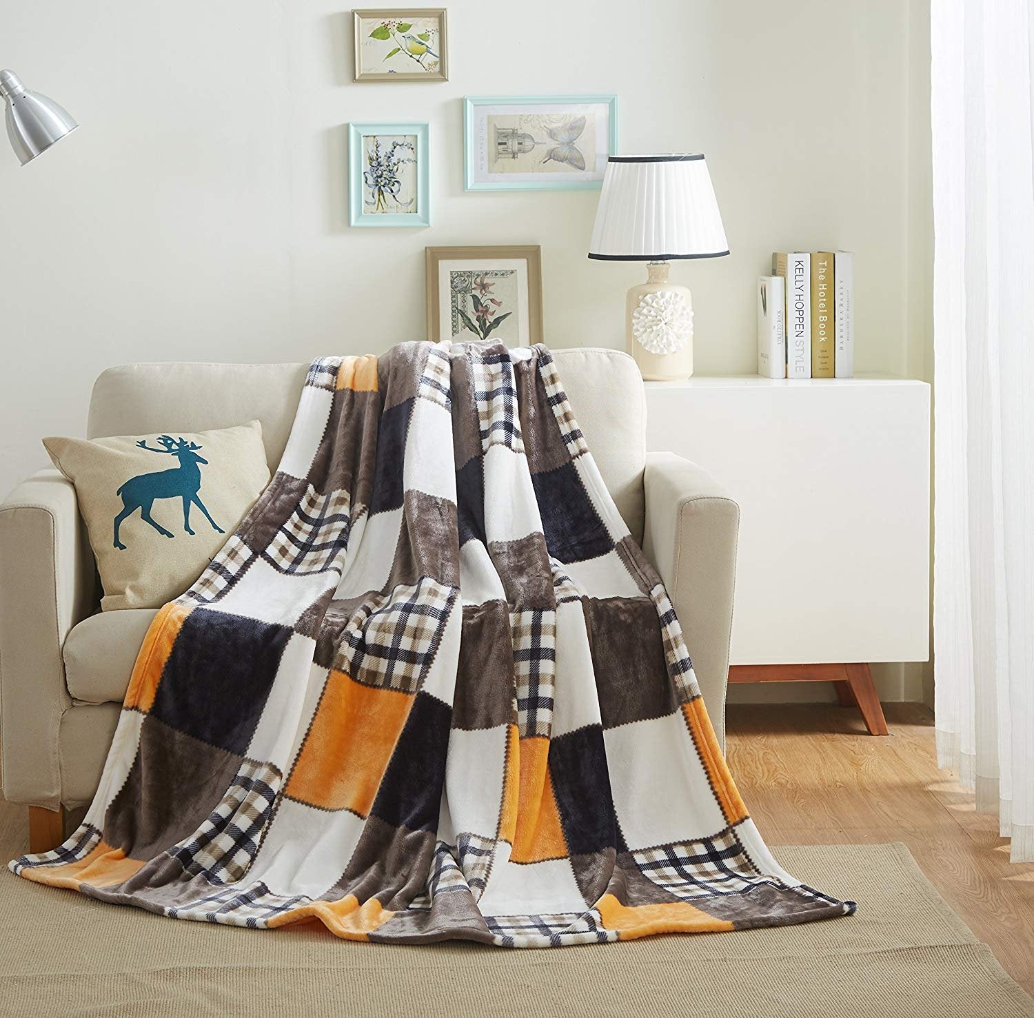 Tache Orange Plaid Blanket Fall Orange Farmhouse Super Soft Micro Fleece Plaid Patchwork Plush Lightweight Dual-Sided Decorative