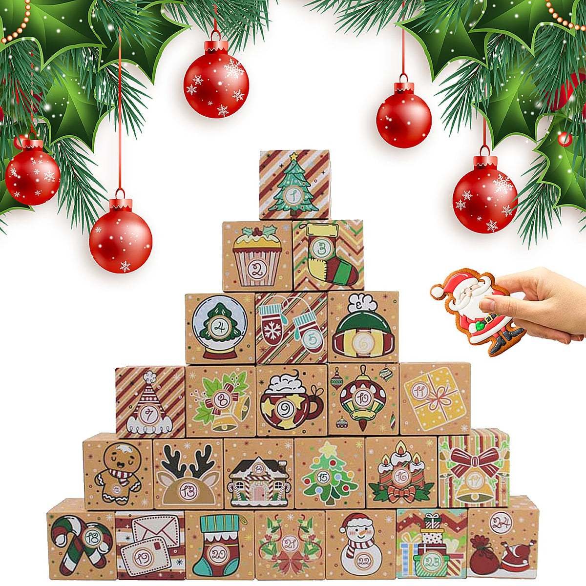 24 Pcs DIY Christmas Empty Advent Calendar 2024, 24 Days Cute Kraft Paper Christmas Cardboard Number Boxes Christmas Countdown C